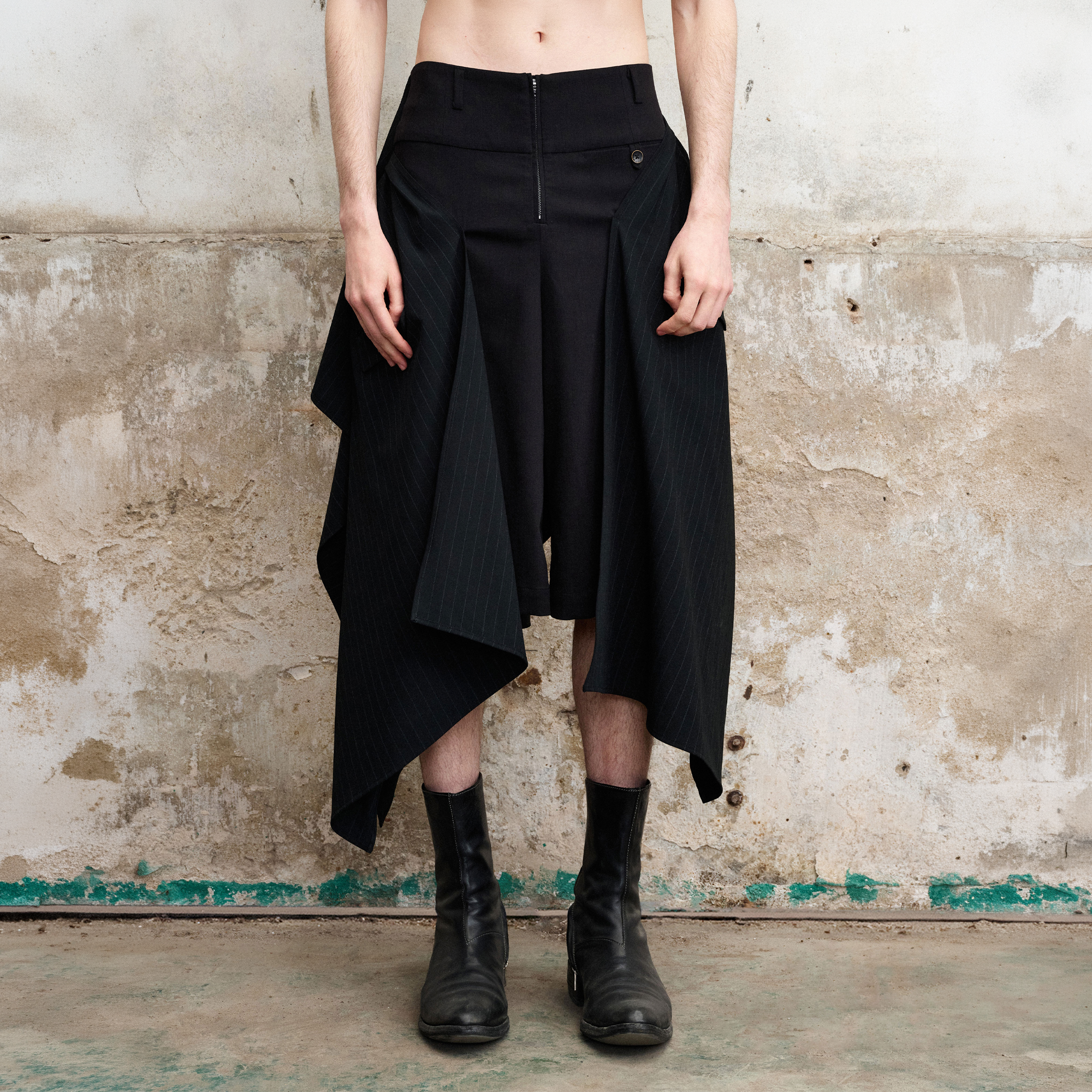 ILNya Nieternite Nifutur Asymmetric Draped Panel Pinstripe Skort Shorts, premium urban and streetwear designers apparel on PROJECTISR.com, ILNya Nieternite Nifutur