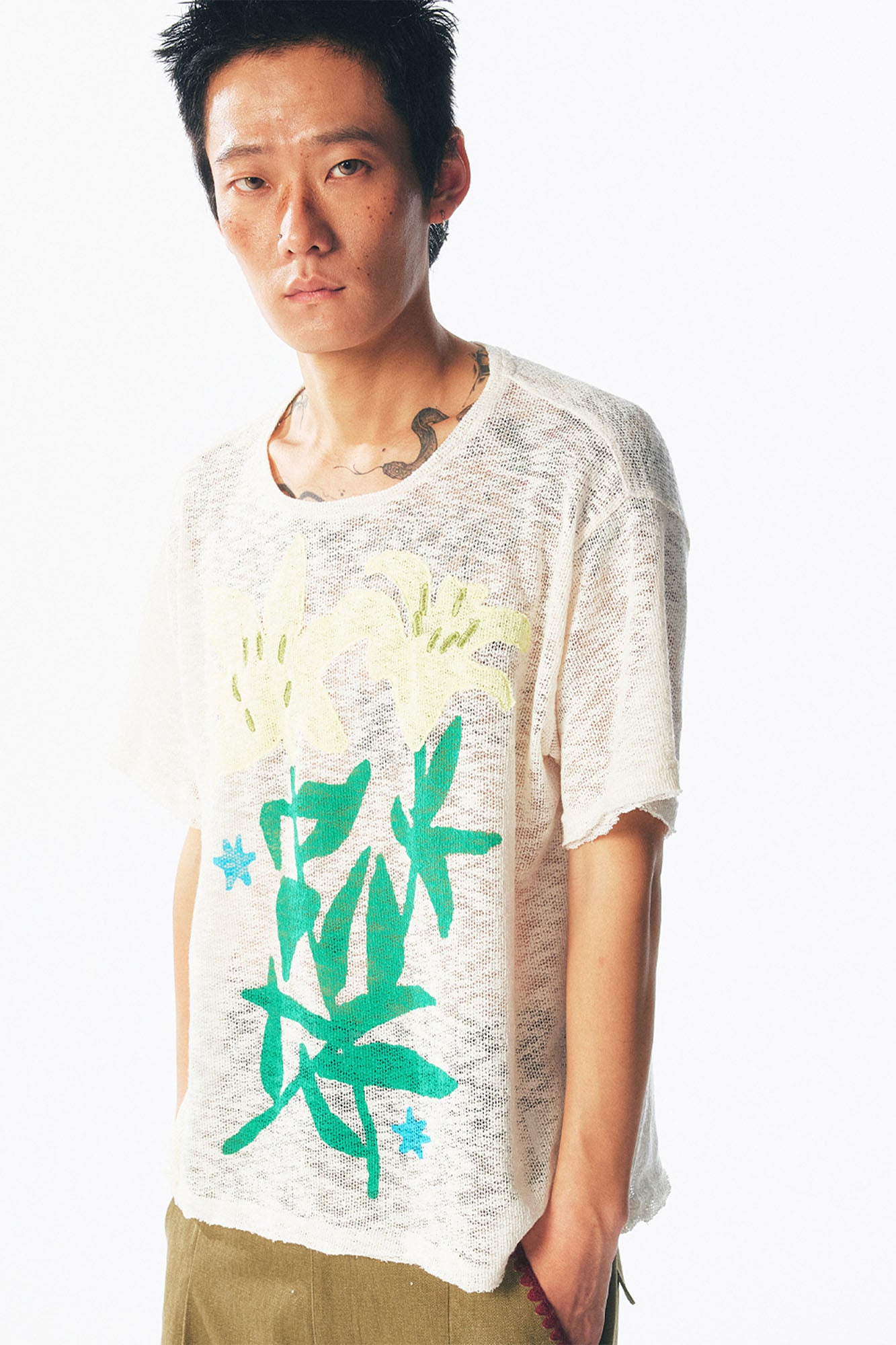 1997 POSTOFFICE Distressed Sheer Lily Flower Tee, premium urban and streetwear designers apparel on PROJECTISR.com, 1997 POSTOFFICE