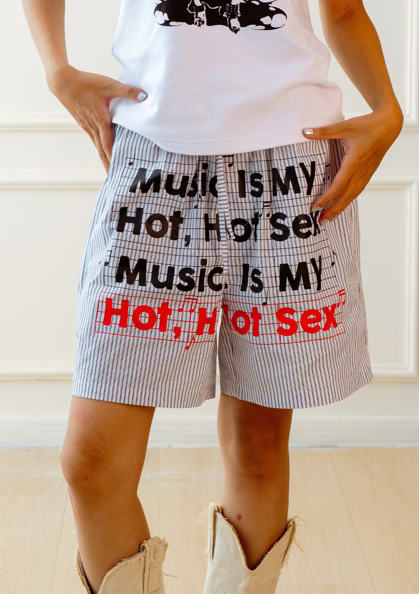 KADAKADA Stripe Slogan Graphic Lounge Shorts, premium urban and streetwear designers apparel on PROJECTISR.com, KADAKADA