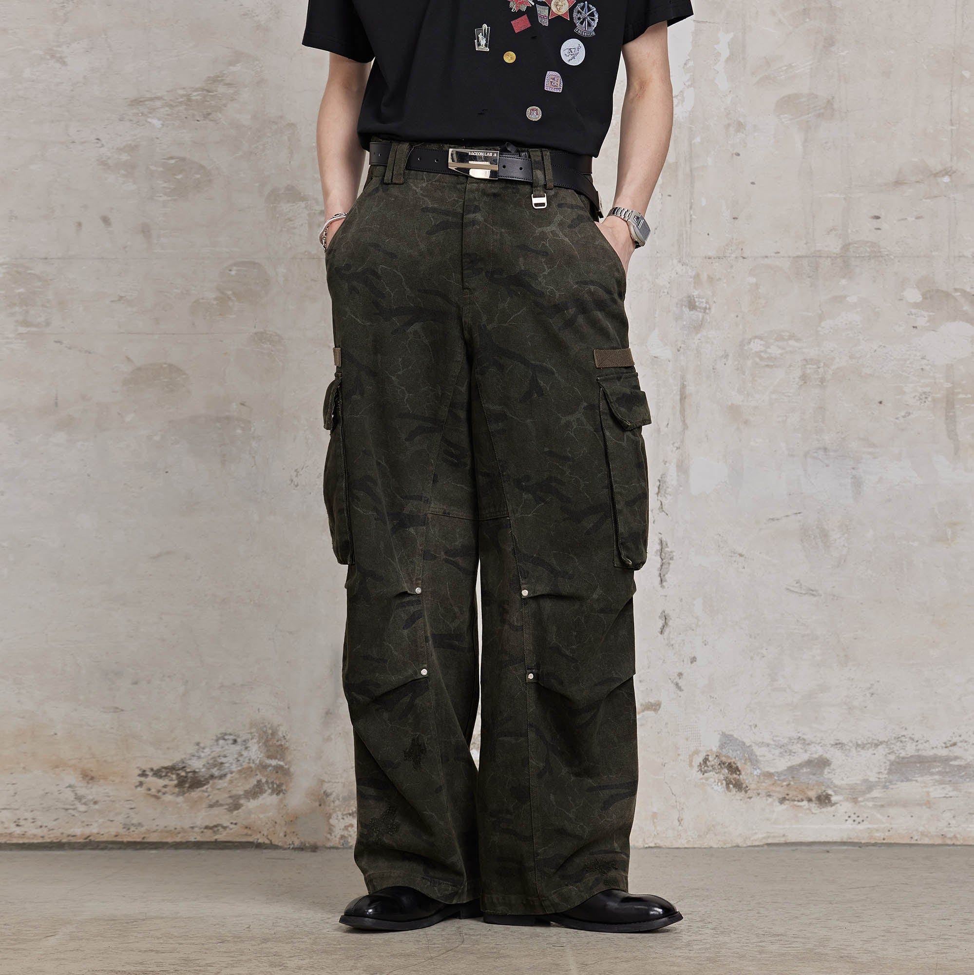 FACEONLAB Distressed Cracked Crinkled Multi-Pocket Military Cargo, premium urban and streetwear designers apparel on PROJECTISR.com, FACEONLAB