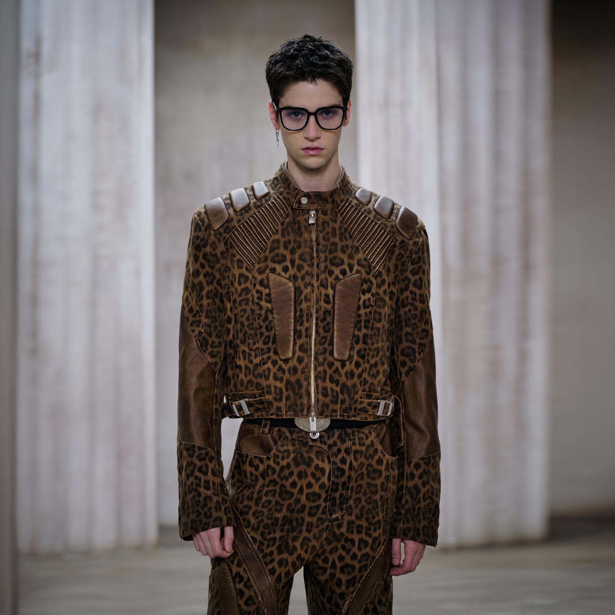 FACEONLAB Leopard Paneled Ribbed Armor Jacket
