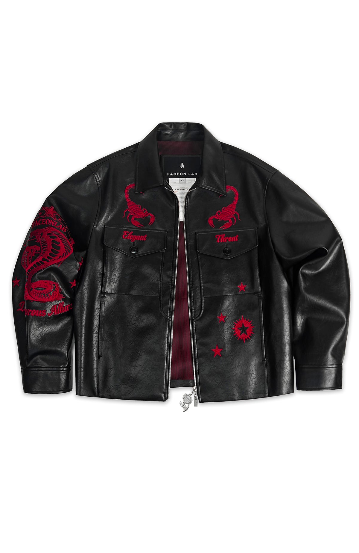 FACEONLAB Embroidered Faux Leather Jacket