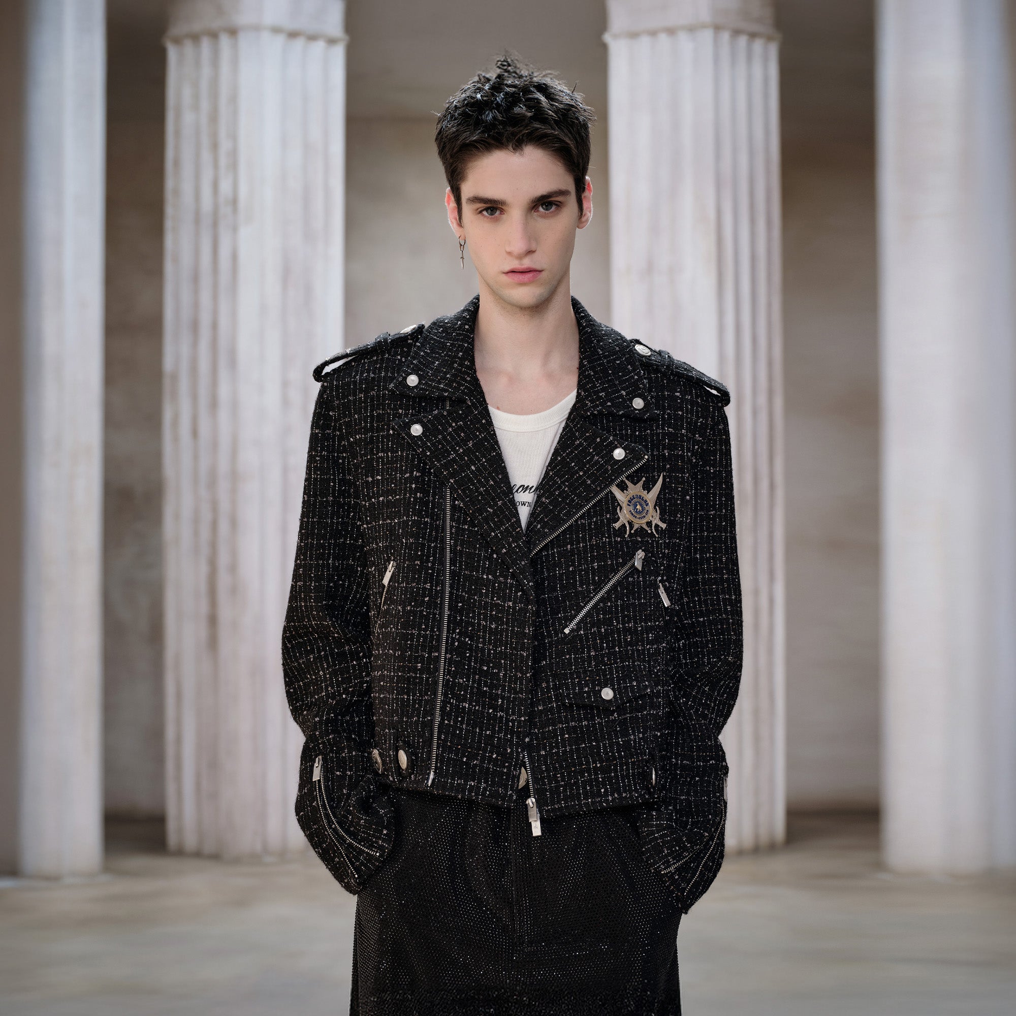 FACEONLAB Metal Badge Multi-Zip Tweed Biker Jacket
