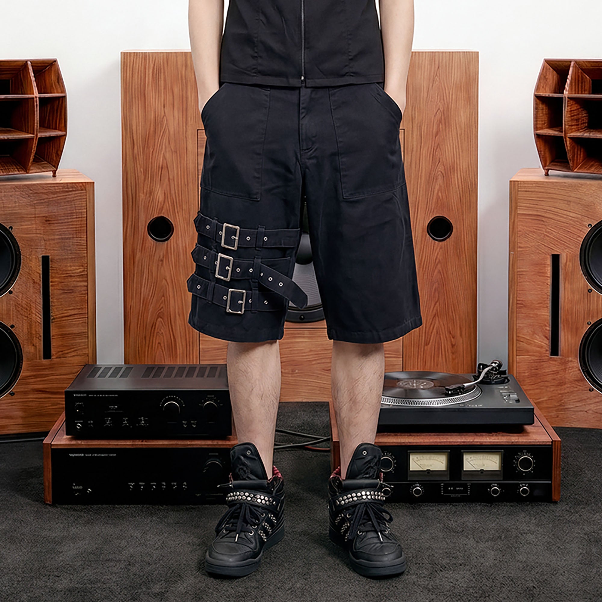 NOTHINGNESS WORLD Washed Buckle-Strap Cargo Shorts