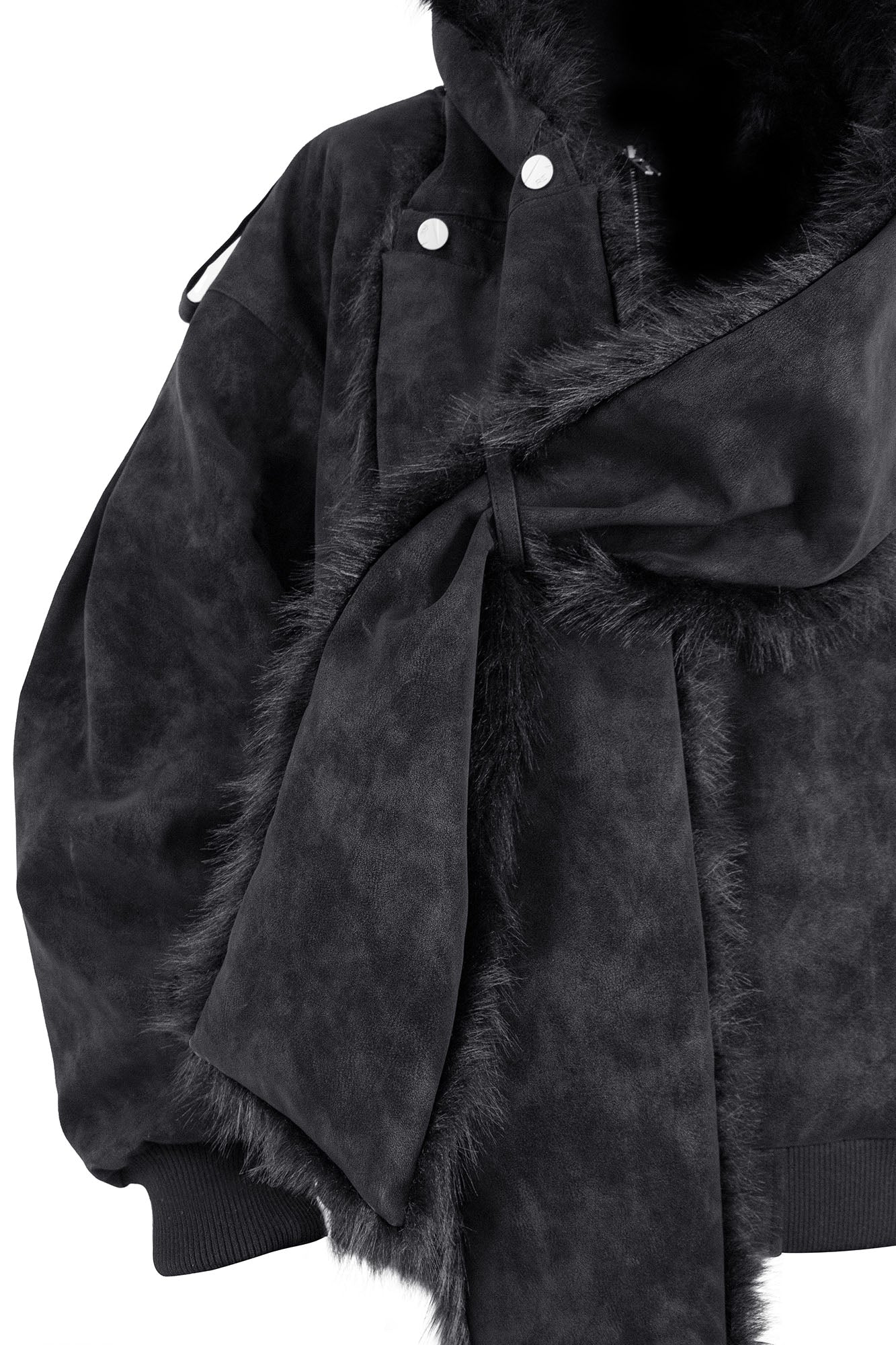 RELABEL Detachable Plush Scarf Hooded Suede Jacket Black, premium urban and streetwear designers apparel on PROJECTISR.com, RELABEL