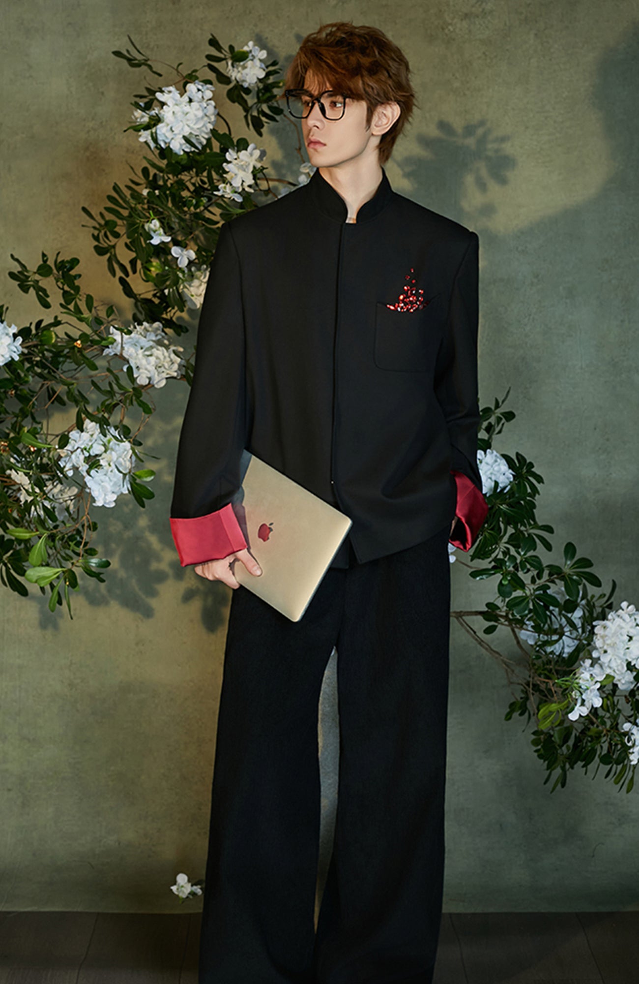 JIECHI Diamond Embellished Contrast Cuffs Mandarin Blazer