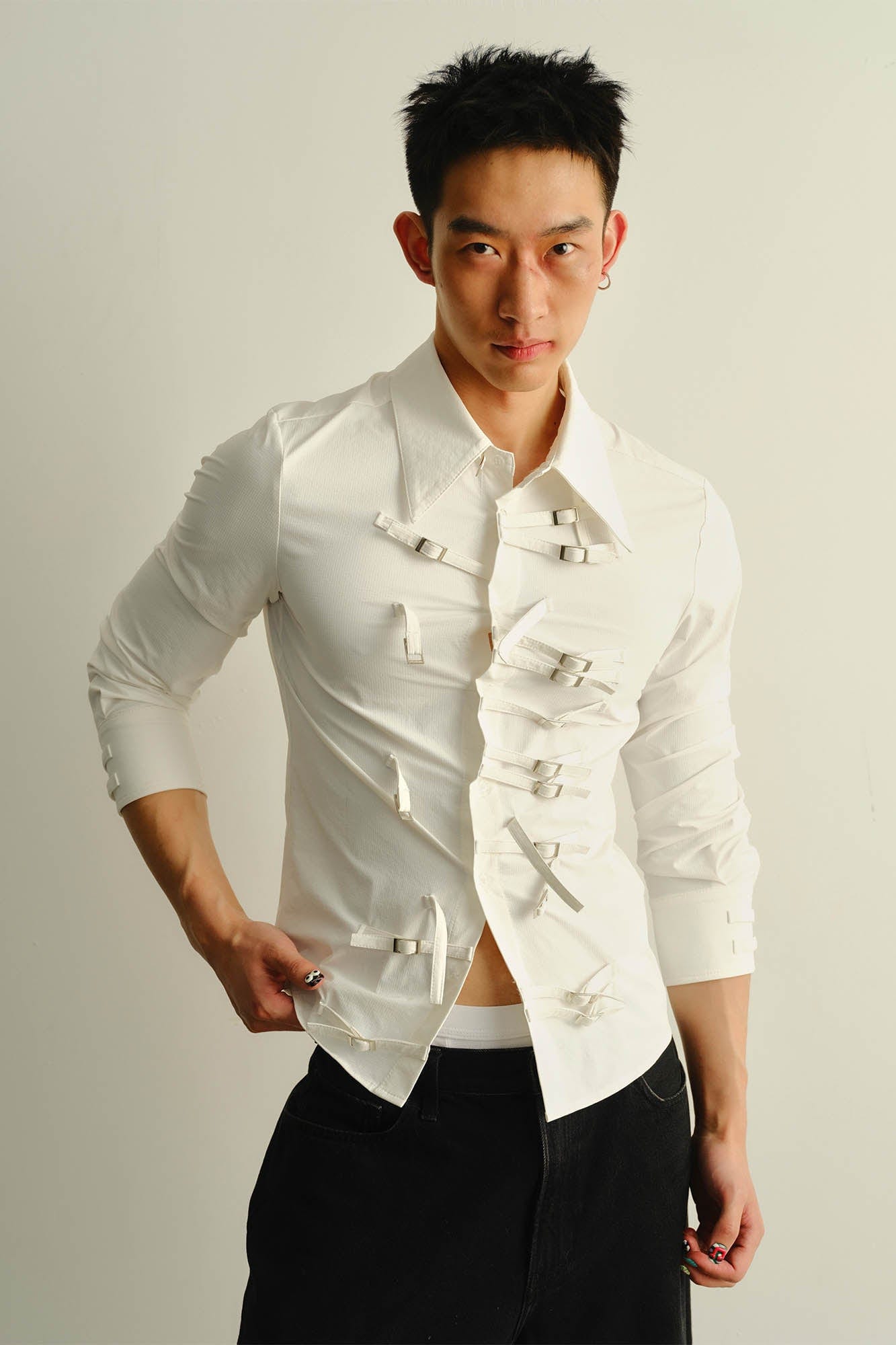 KADAKADA Asymmetrical Multi-Buckle Tailored Fit Shirt, premium urban and streetwear designers apparel on PROJECTISR.com, KADAKADA