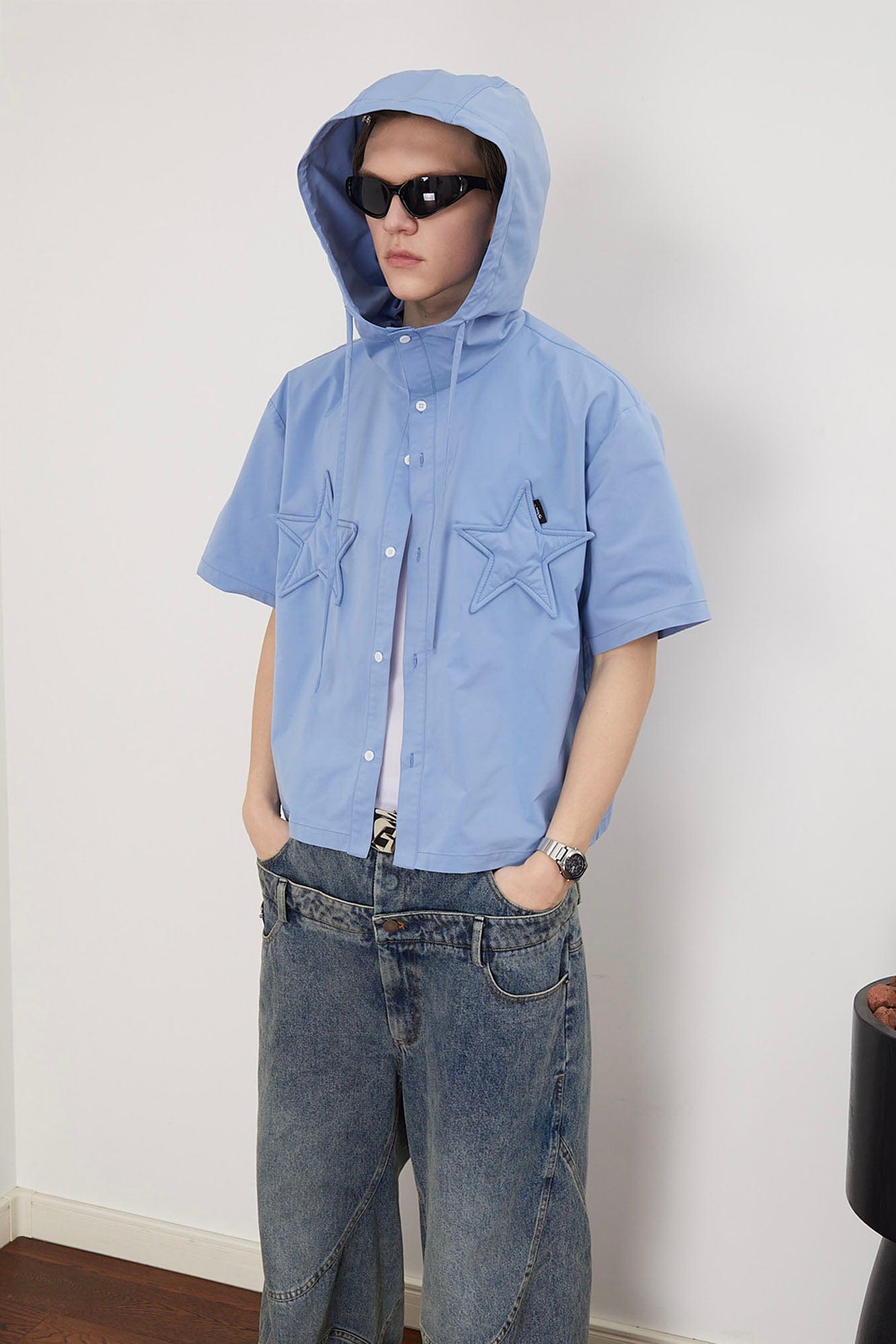 ASSEEN Star Patchwork Hooded Half Shirt, premium urban and streetwear designers apparel on PROJECTISR.com, ASSEEN