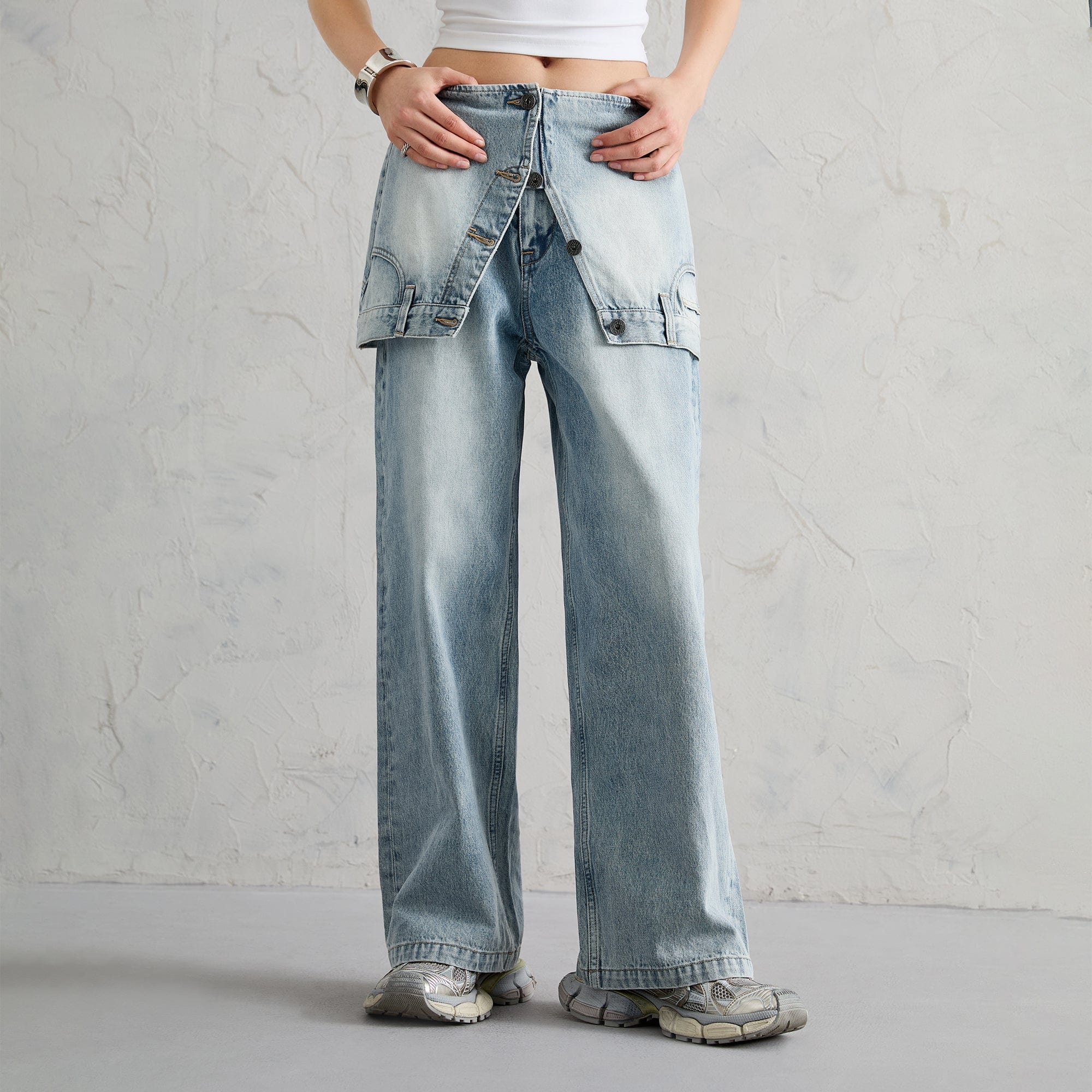ORGANIC EMOTION Classic Washed Detachable Waist Cape Jeans, premium urban and streetwear designers apparel on PROJECTISR.com, ORGANIC EMOTION