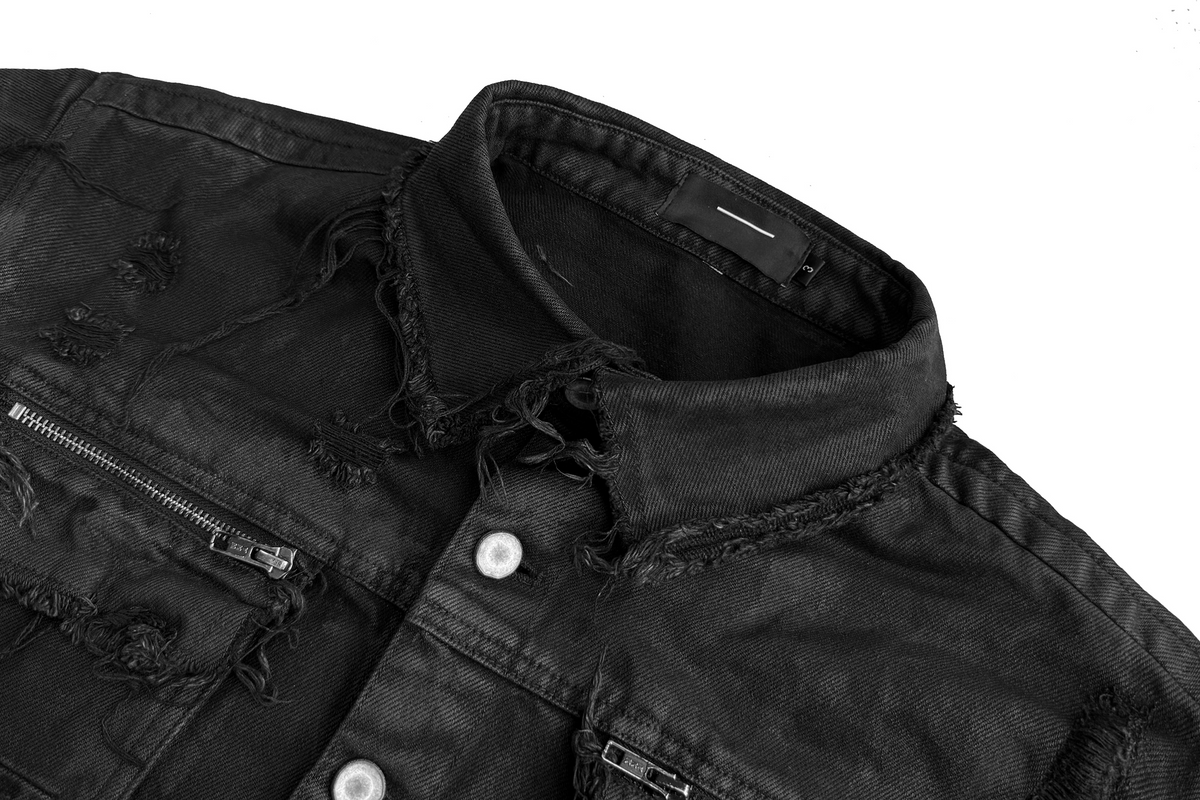CINDER VEIN Washed Distressed Back-Zipper Denim Jacket