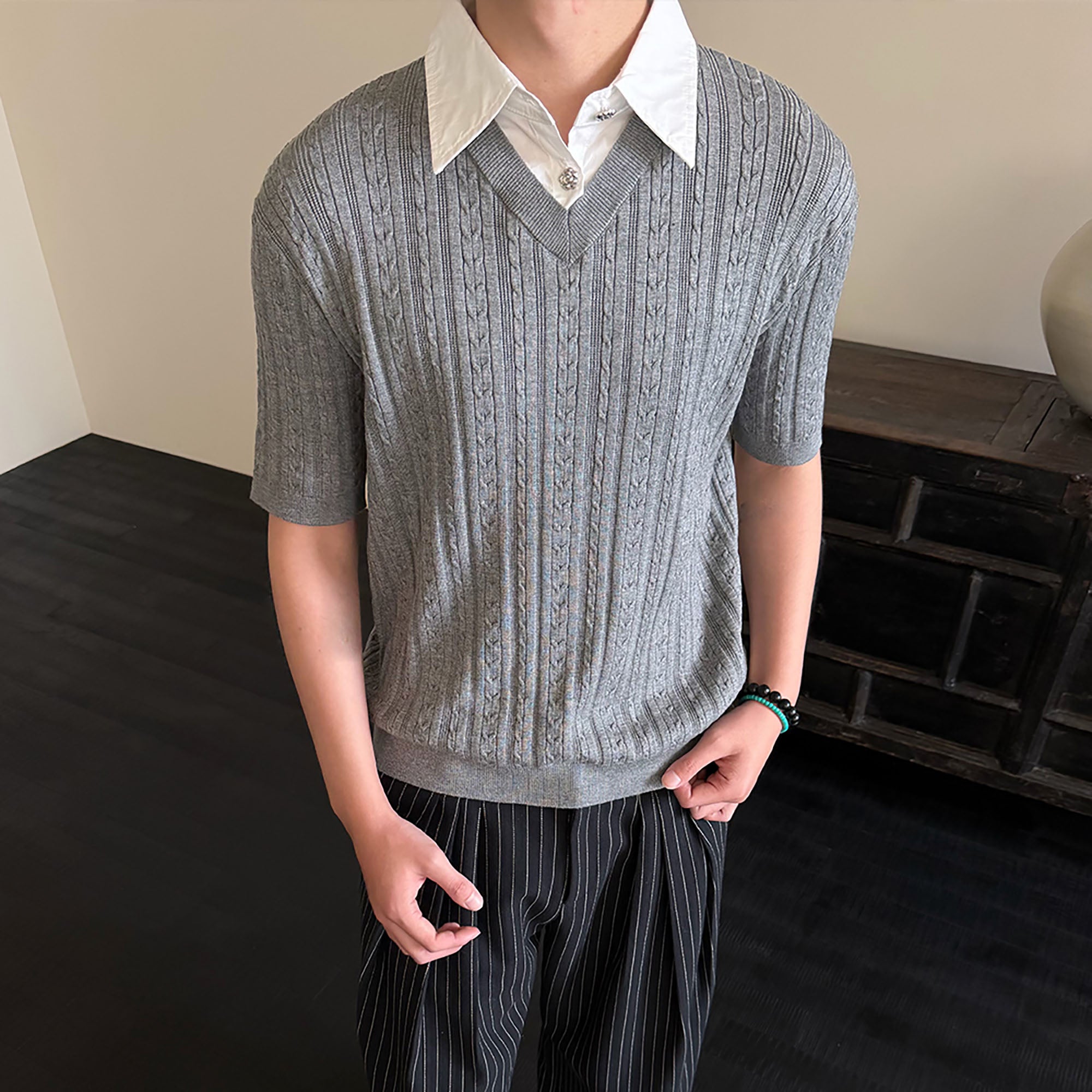 KREATE Faux Layered Cable-Knit Half Shirt, premium urban and streetwear designers apparel on PROJECTISR.com, KREATE