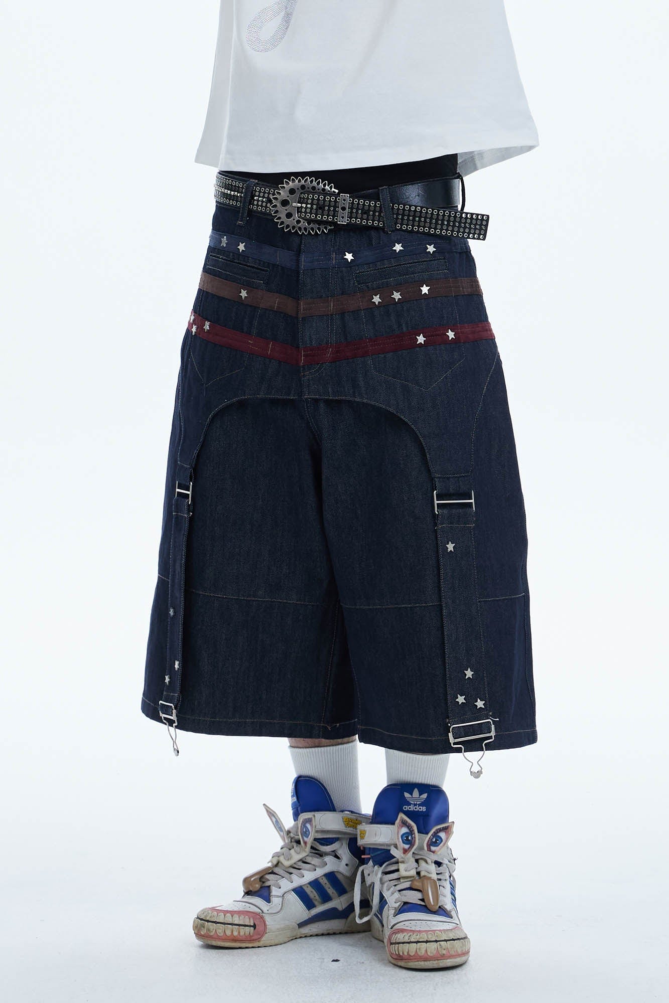 DND4DES Star-Rivet Harness-Layered Denim Shorts, premium urban and streetwear designers apparel on PROJECTISR.com, DND4DES