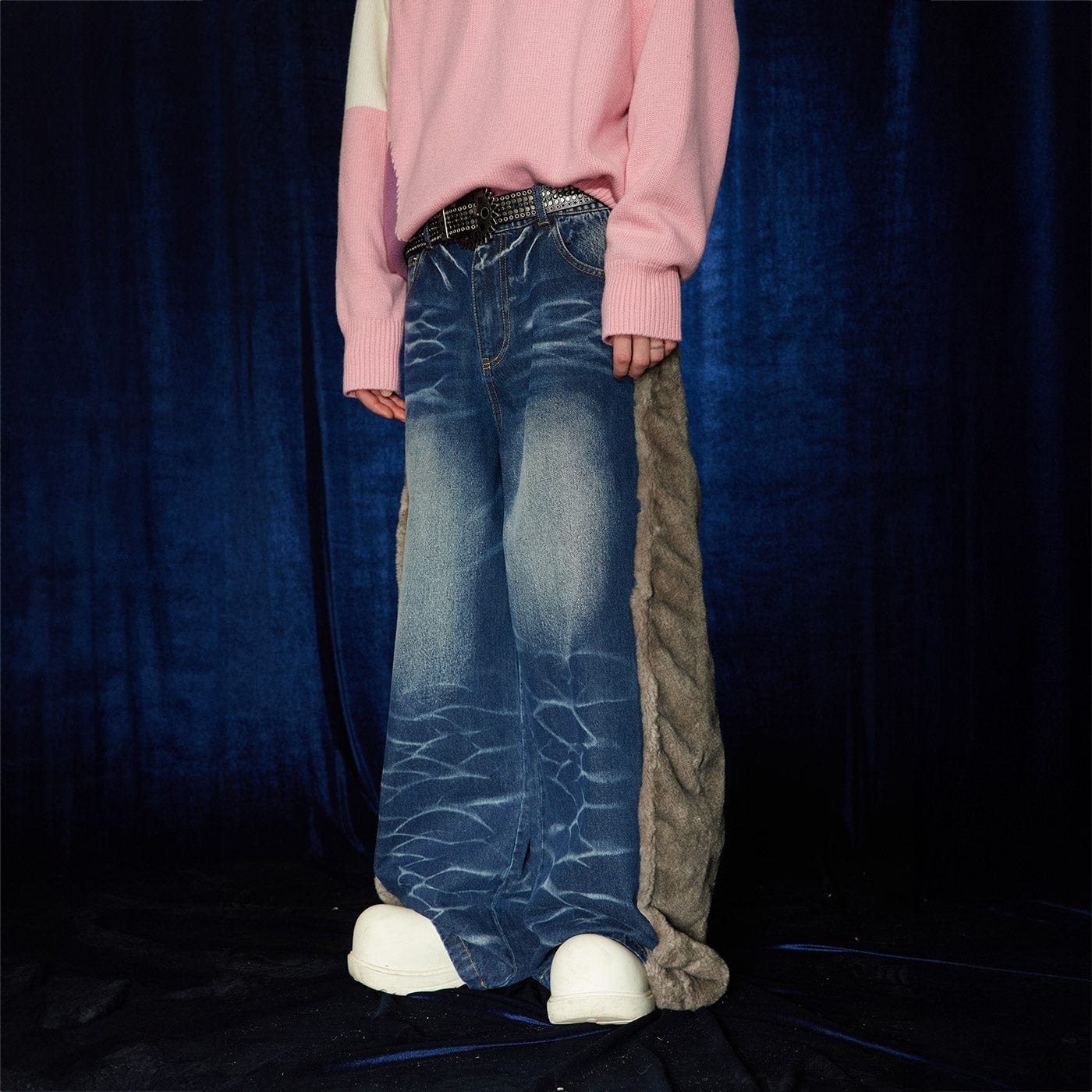 DND4DES Faux Fur Spliced Jeans, premium urban and streetwear designers apparel on PROJECTISR.com, DND4DES