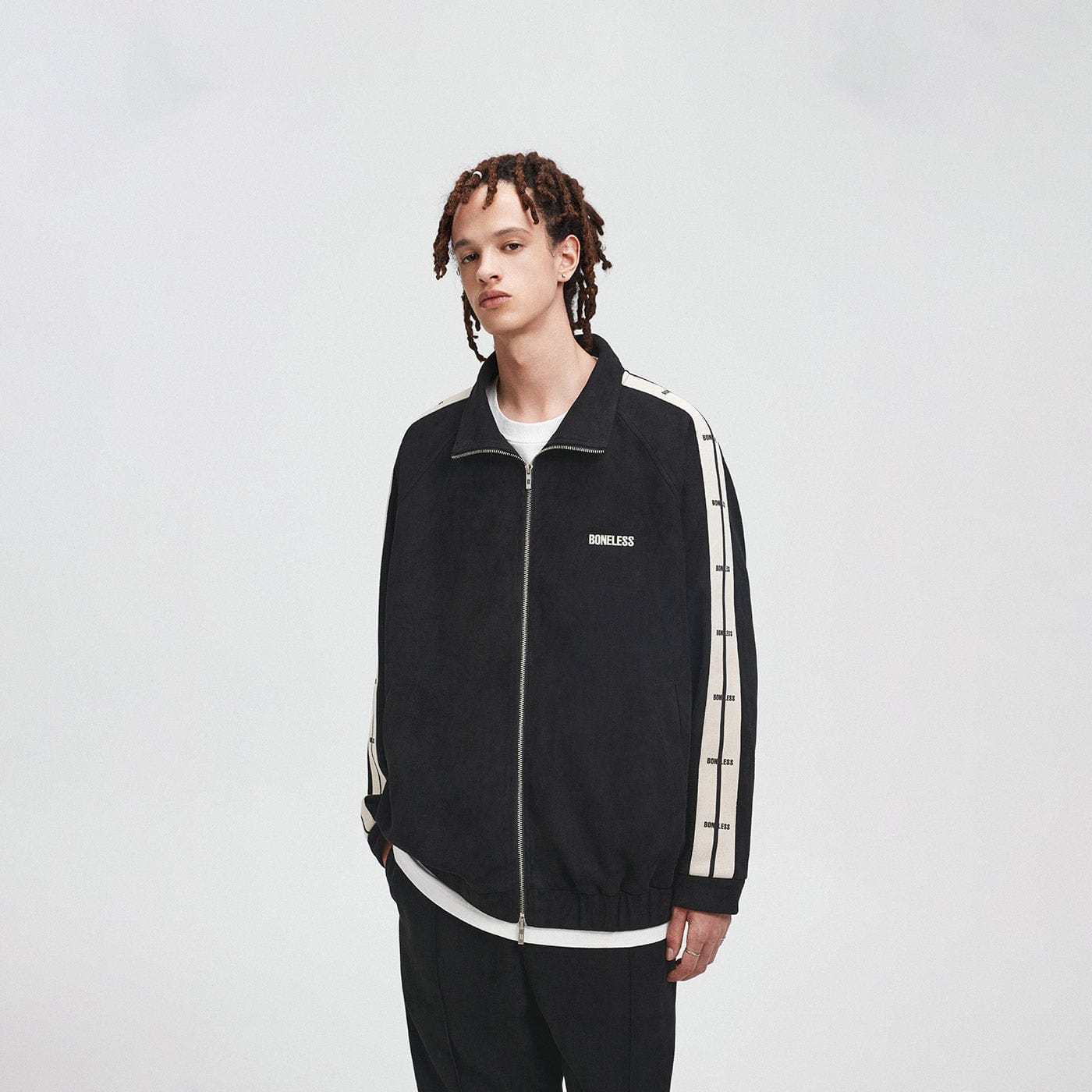 BONELESS Contrasted Striped Faux Suede Jacket, premium urban and streetwear designers apparel on PROJECTISR.com, BONELESS