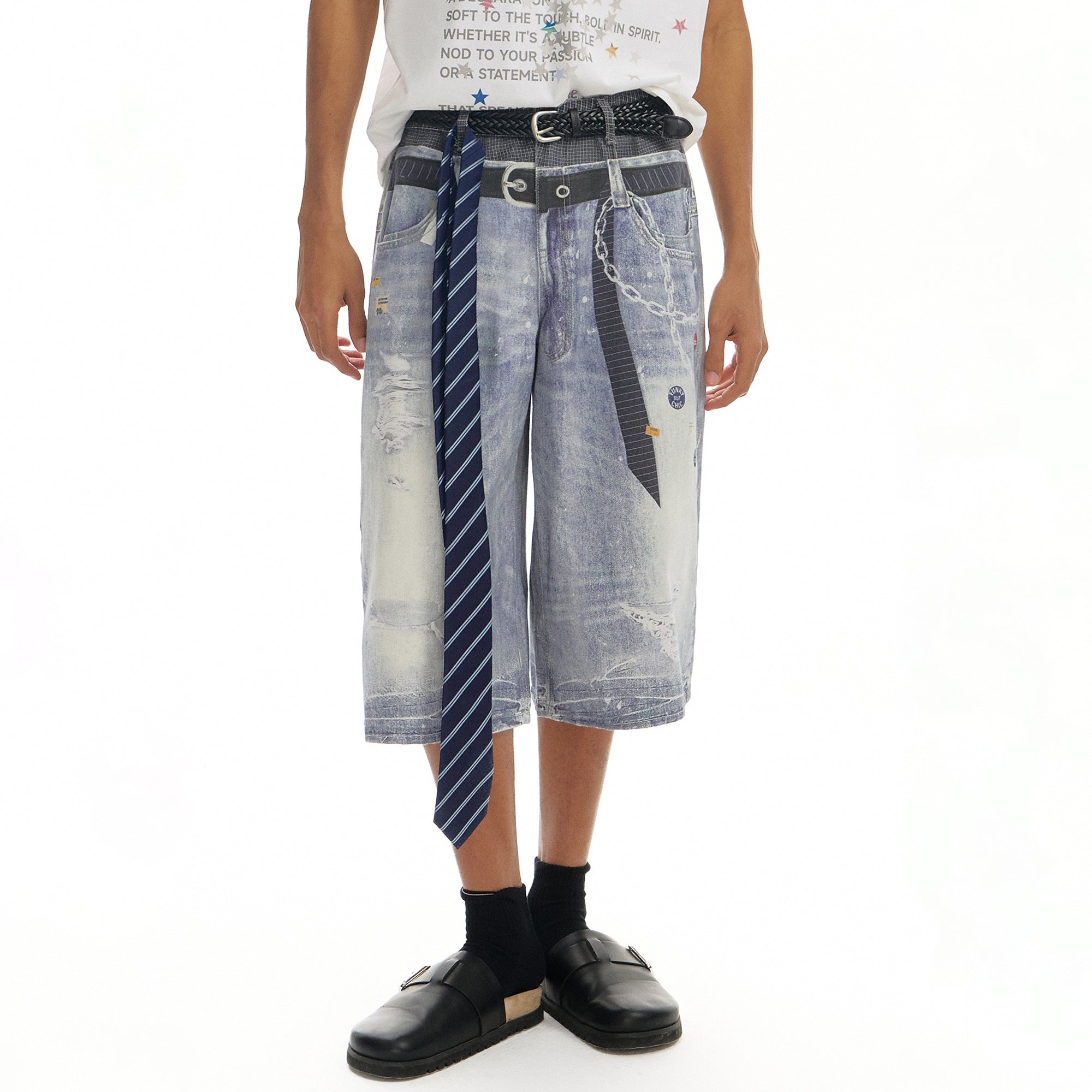 TGNS Trompe-l'œil Distressed Double-Waist Jorts