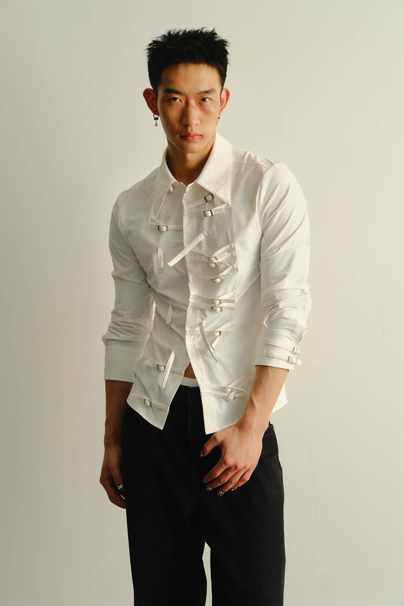 KADAKADA Asymmetrical Multi-Buckle Tailored Fit Shirt, premium urban and streetwear designers apparel on PROJECTISR.com, KADAKADA