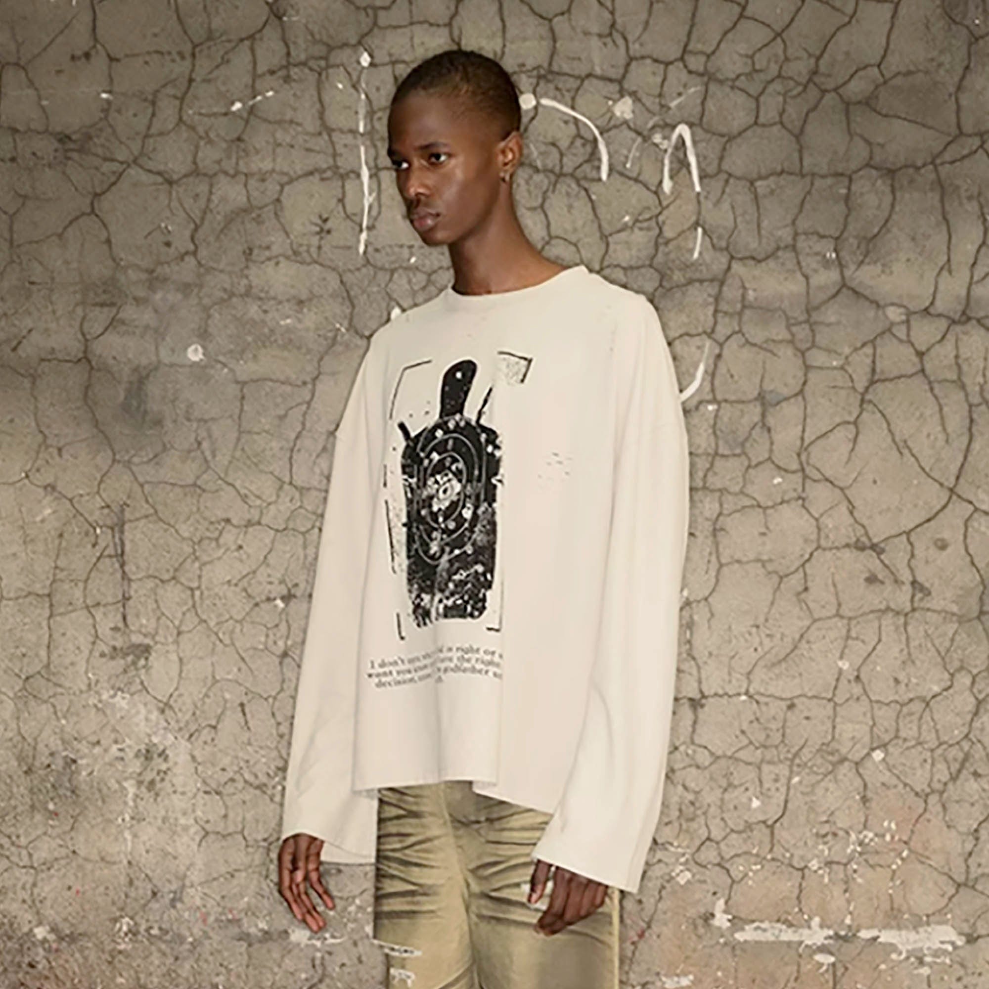 TRIANGLE PROJECT Distressed Target Graphic Long-Sleeve Tee, premium urban and streetwear designers apparel on PROJECTISR.com, TRIANGLE PROJECT