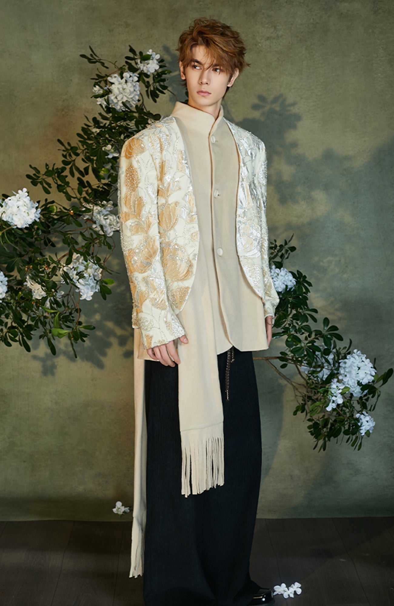 JIECHI Jacquard Embroidered Layered Mandarin Blazer