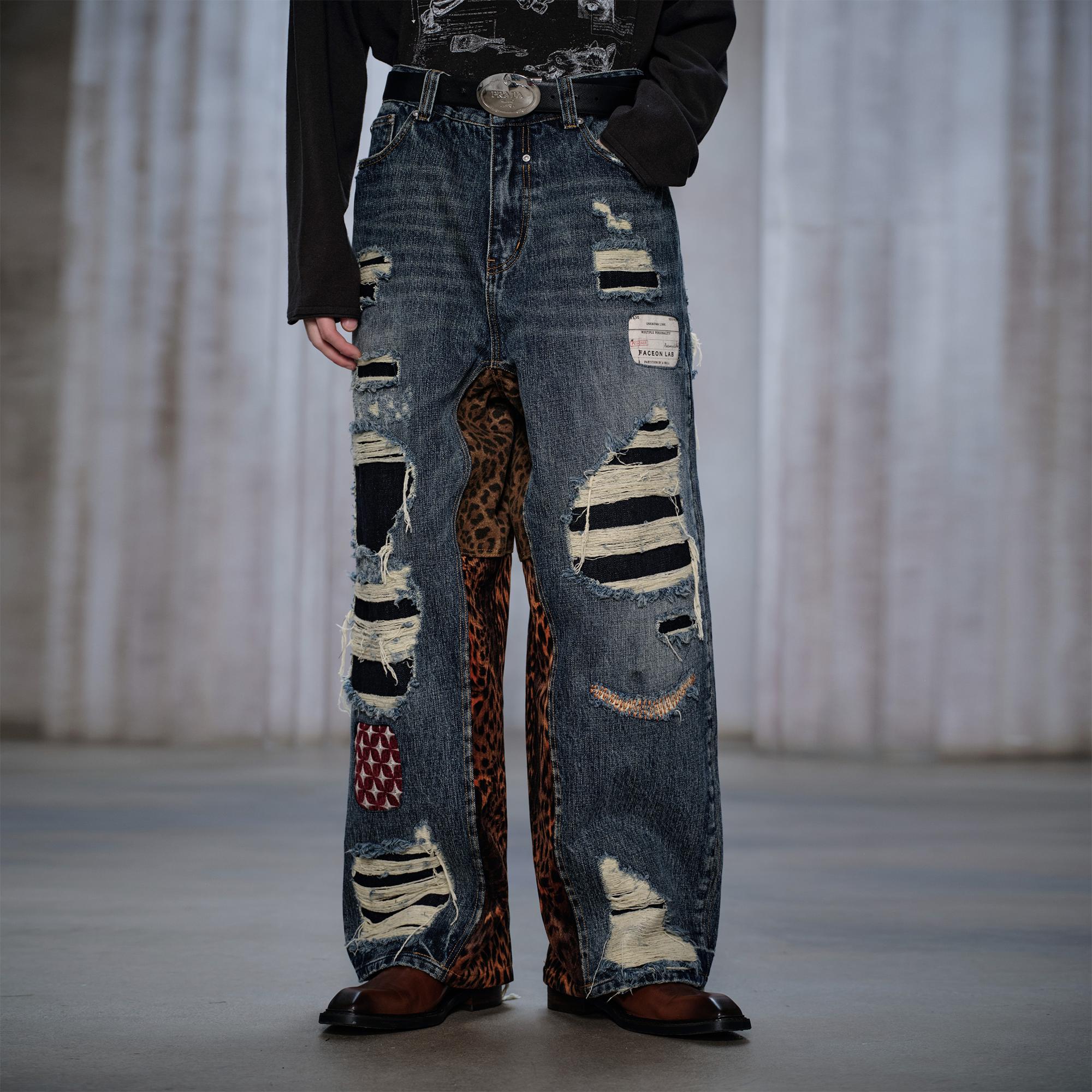 FACEONLAB Distressed Patch Leopard Paneled Jeans