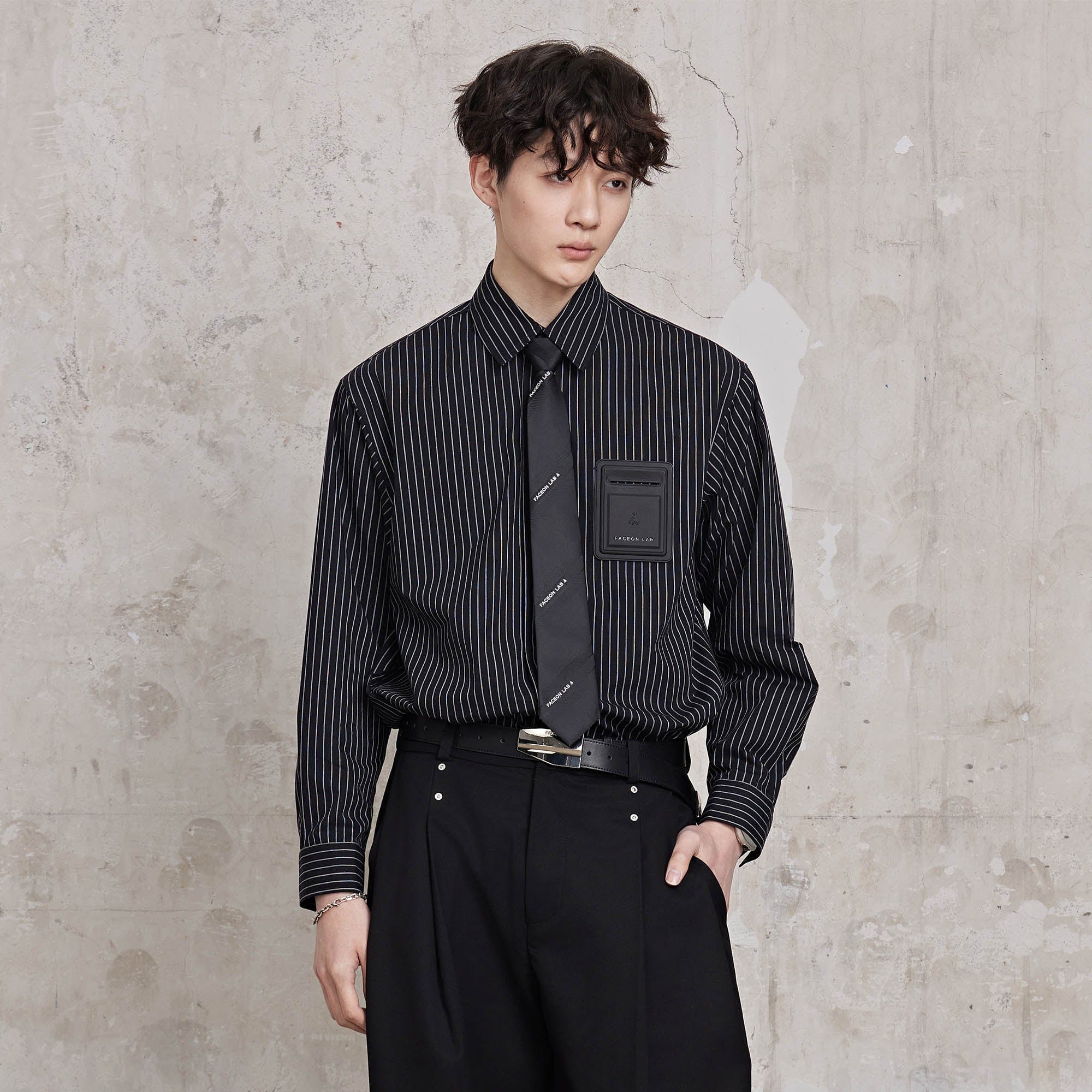 FACEONLAB Striped Patch-Pocket Poplin Shirt, premium urban and streetwear designers apparel on PROJECTISR.com, FACEONLAB