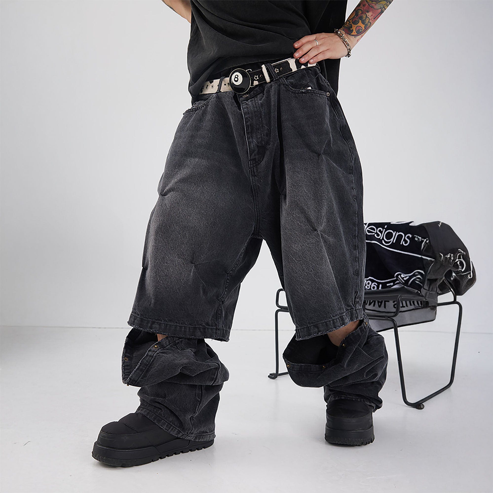 BLACK8MOB Distressed Crinkled Detachable Baggy Jeans