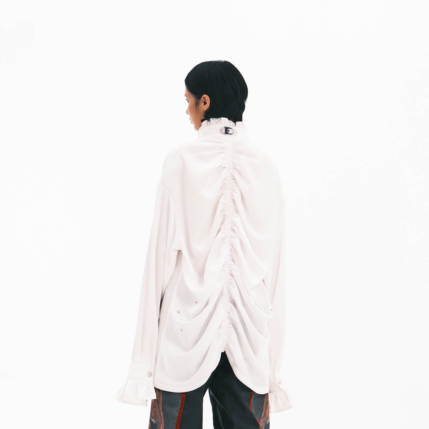 EMBRYO Demon Ruffle-Collar Buttoned LOGO Pleated Shirt, premium urban and streetwear designers apparel on PROJECTISR.com, EMBRYO