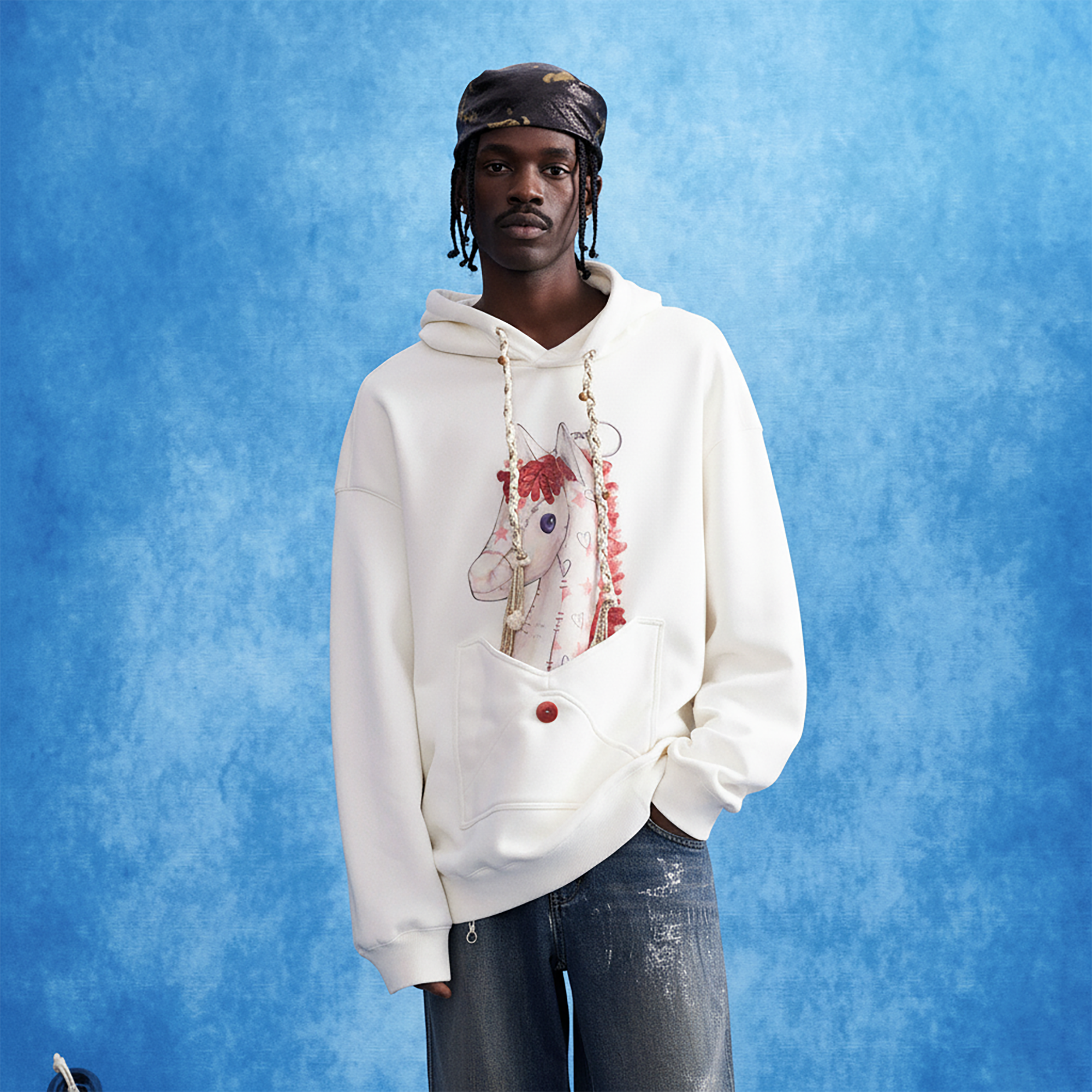 OIPWORD Envelope Pocket Pony Graphic Hoodie