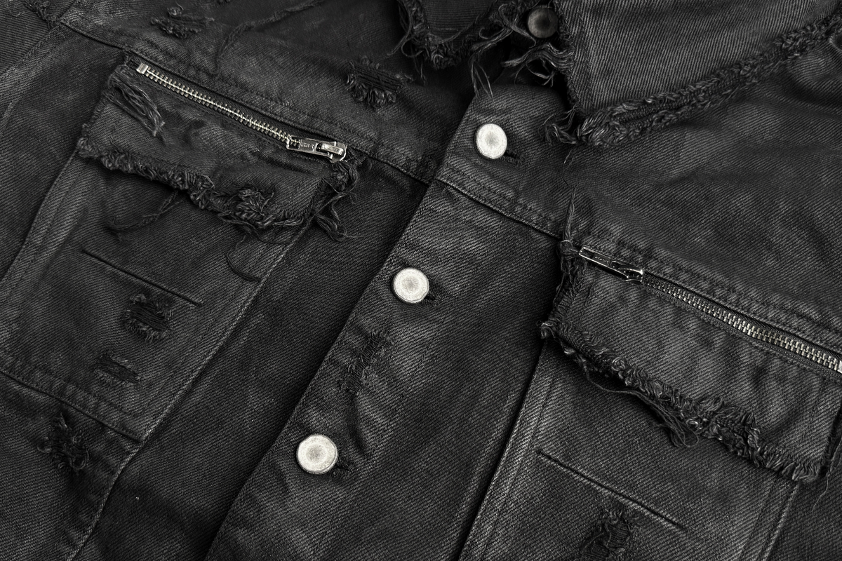 CINDER VEIN Washed Distressed Back-Zipper Denim Jacket