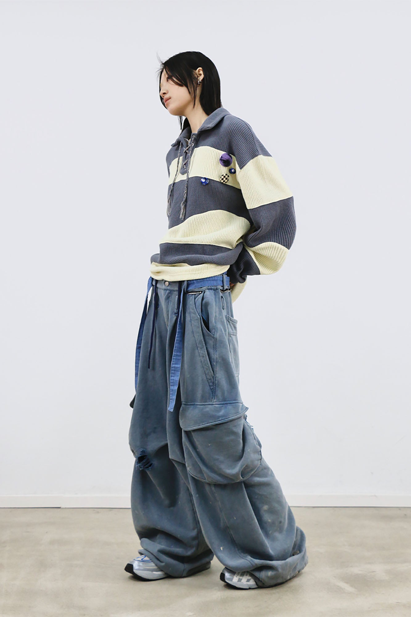 RELABEL Distressed Splatter Double-Waist Cargo Pants, premium urban and streetwear designers apparel on PROJECTISR.com, RELABEL