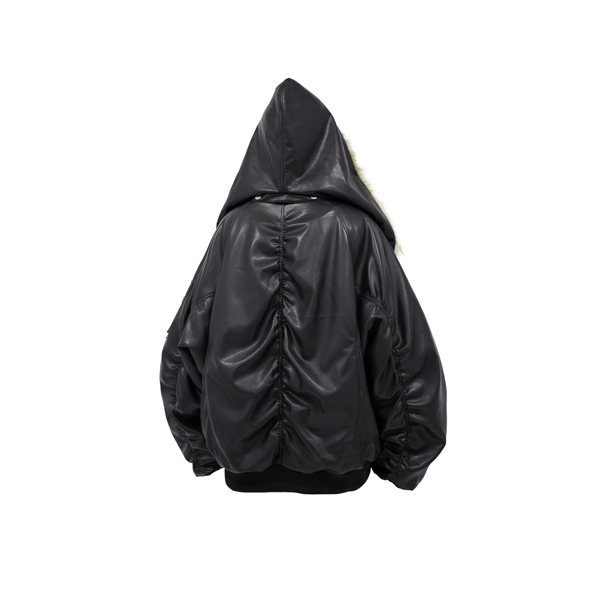 RELABEL Detachable Plush Scarf Ruched Hooded Jacket Black, premium urban and streetwear designers apparel on PROJECTISR.com, RELABEL
