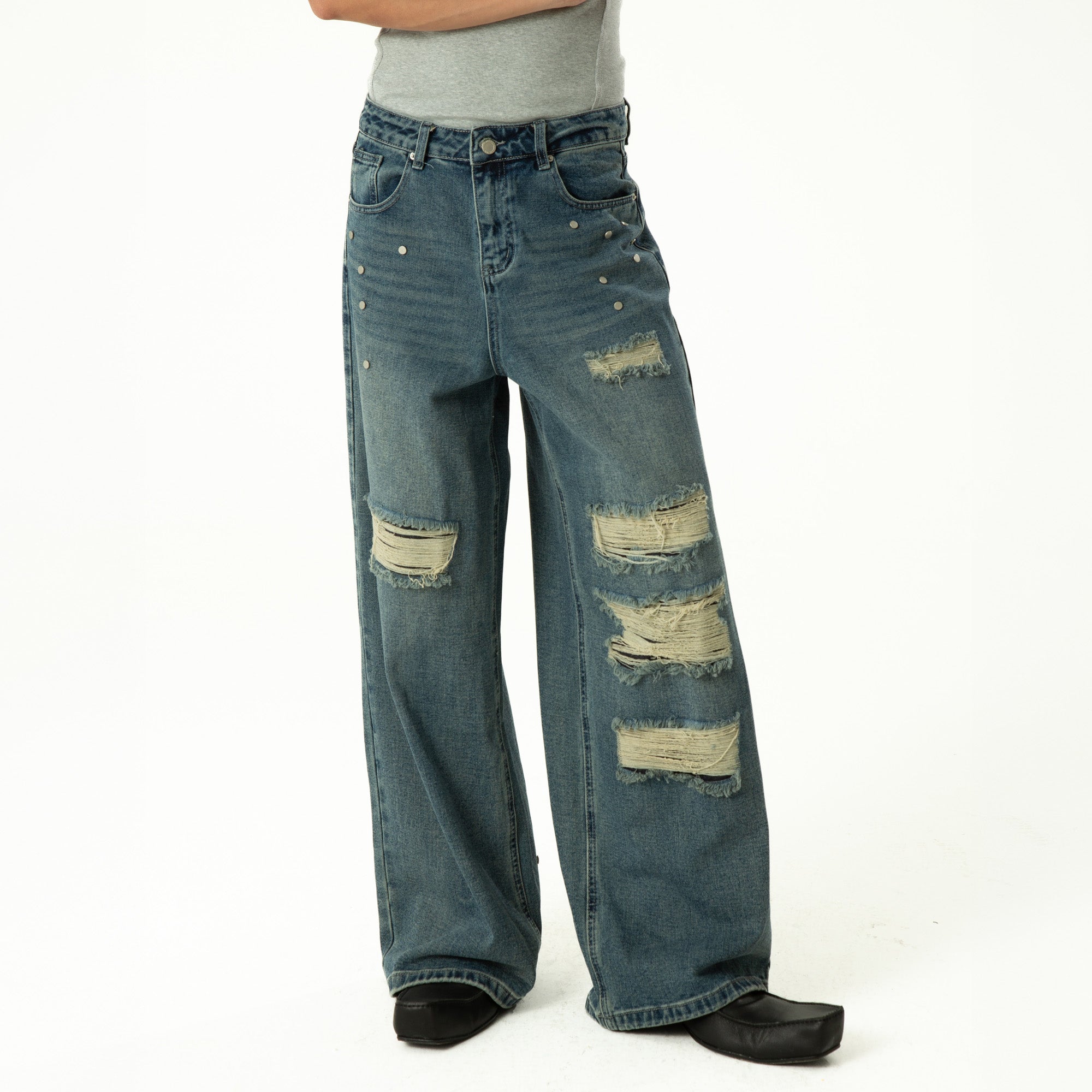 CLP Retro Washed Distressed Rivet Jeans, premium urban and streetwear designers apparel on PROJECTISR.com, CLP