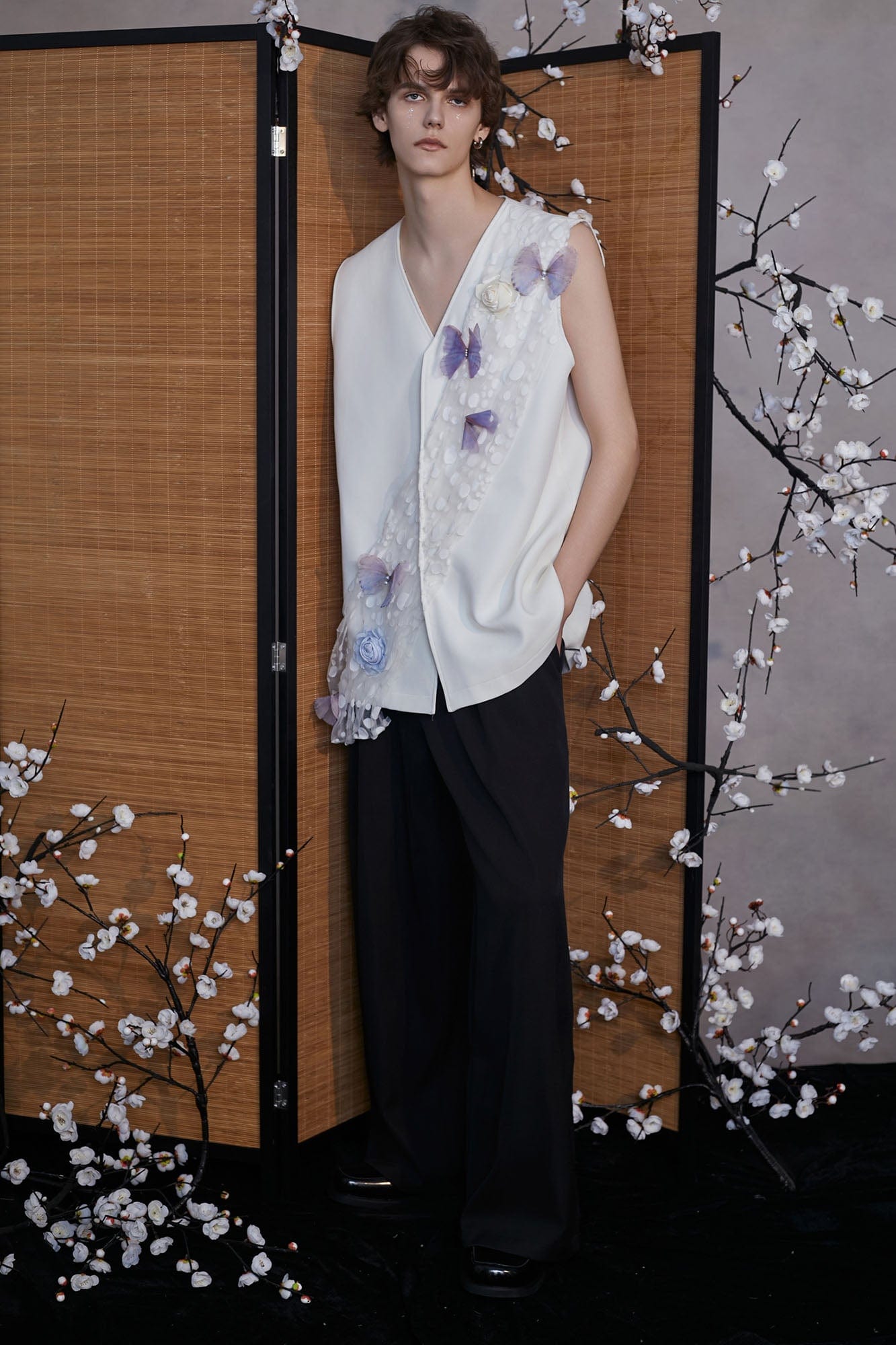 JIECHI Butterfly&Floral Asymmetrical Sheer V-Neck Vest, premium urban and streetwear designers apparel on PROJECTISR.com, JIECHI