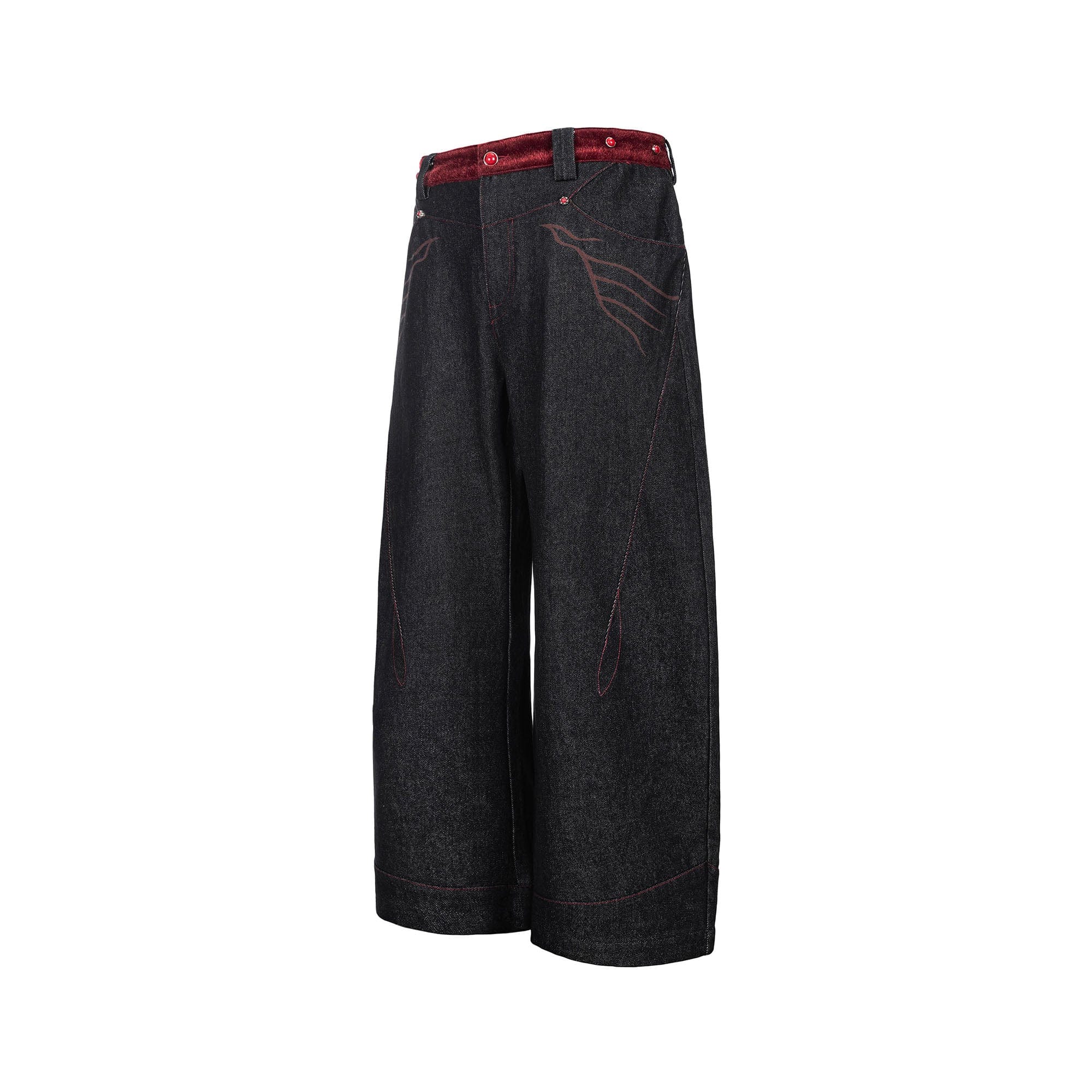ESAIAS Vermilion Stitch Red Turquoise Curved Denim Pants, premium urban and streetwear designers apparel on PROJECTISR.com, ESAIAS