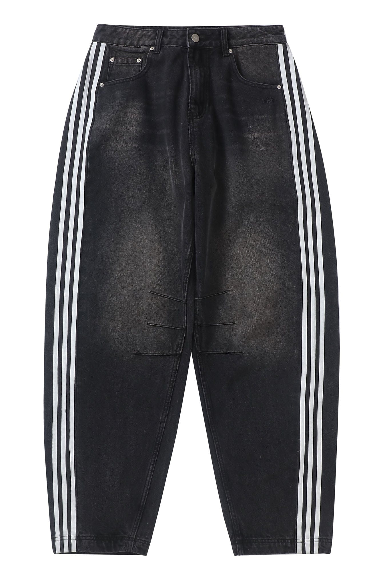 MAKEMORE Retro Washed Stripe Pleated Knees Jeans, premium urban and streetwear designers apparel on PROJECTISR.com, MAKEMORE