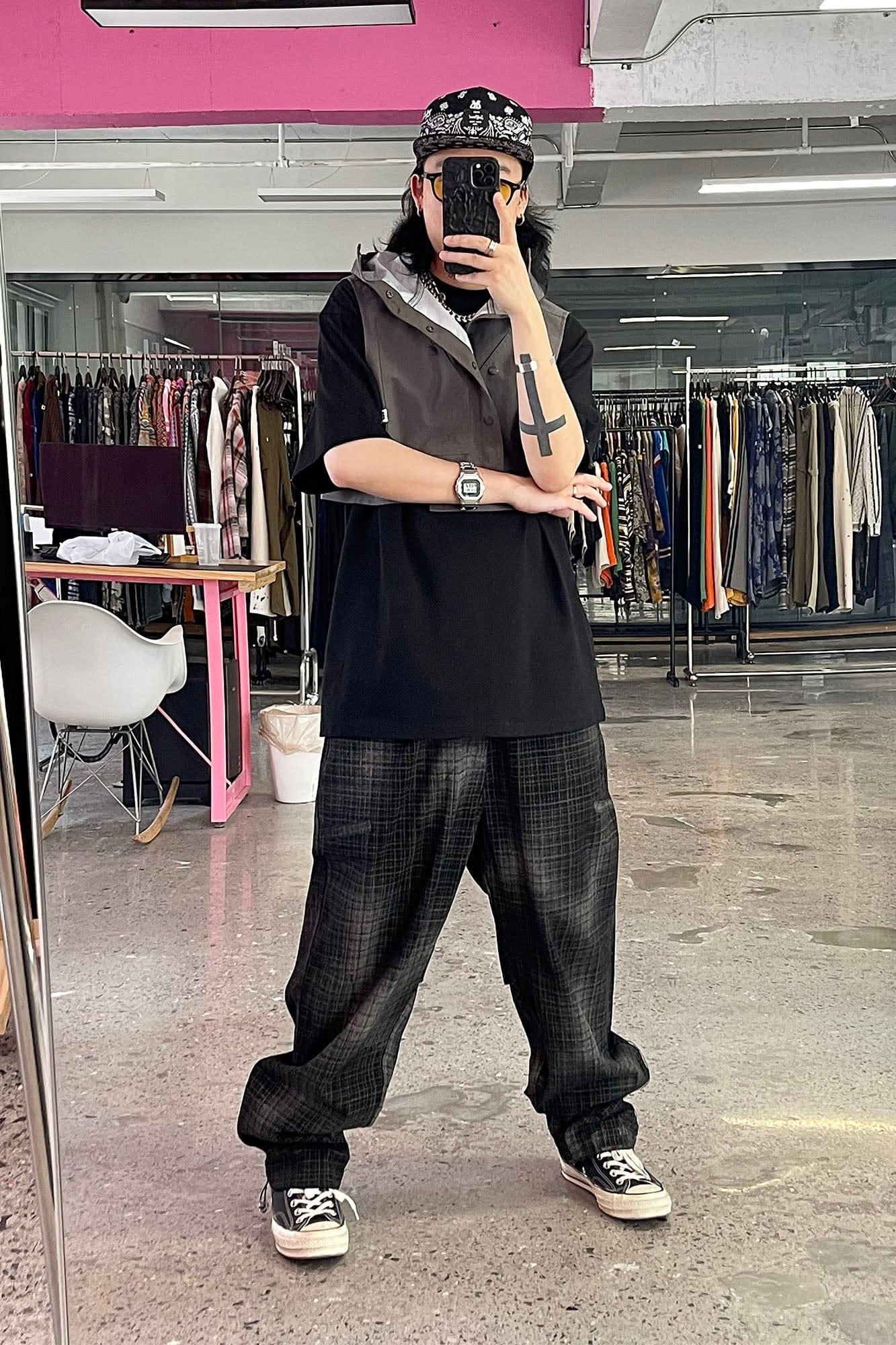 ME DA IGUAL Washed Plaid Tapered Drawstring-Hem Pants, premium urban and streetwear designers apparel on PROJECTISR.com, ME DA IGUAL