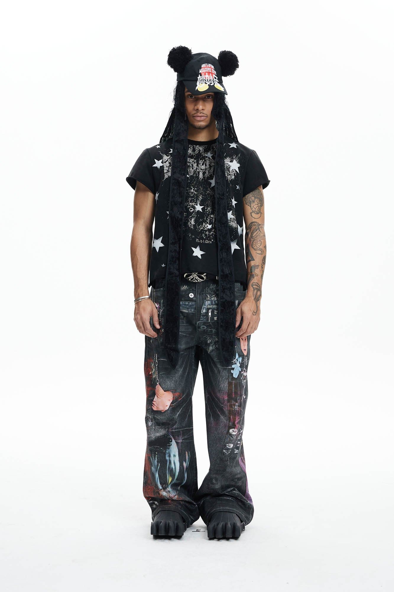 DND4DES Distressed Cyber Virus Flared Jeans, premium urban and streetwear designers apparel on PROJECTISR.com, DND4DES
