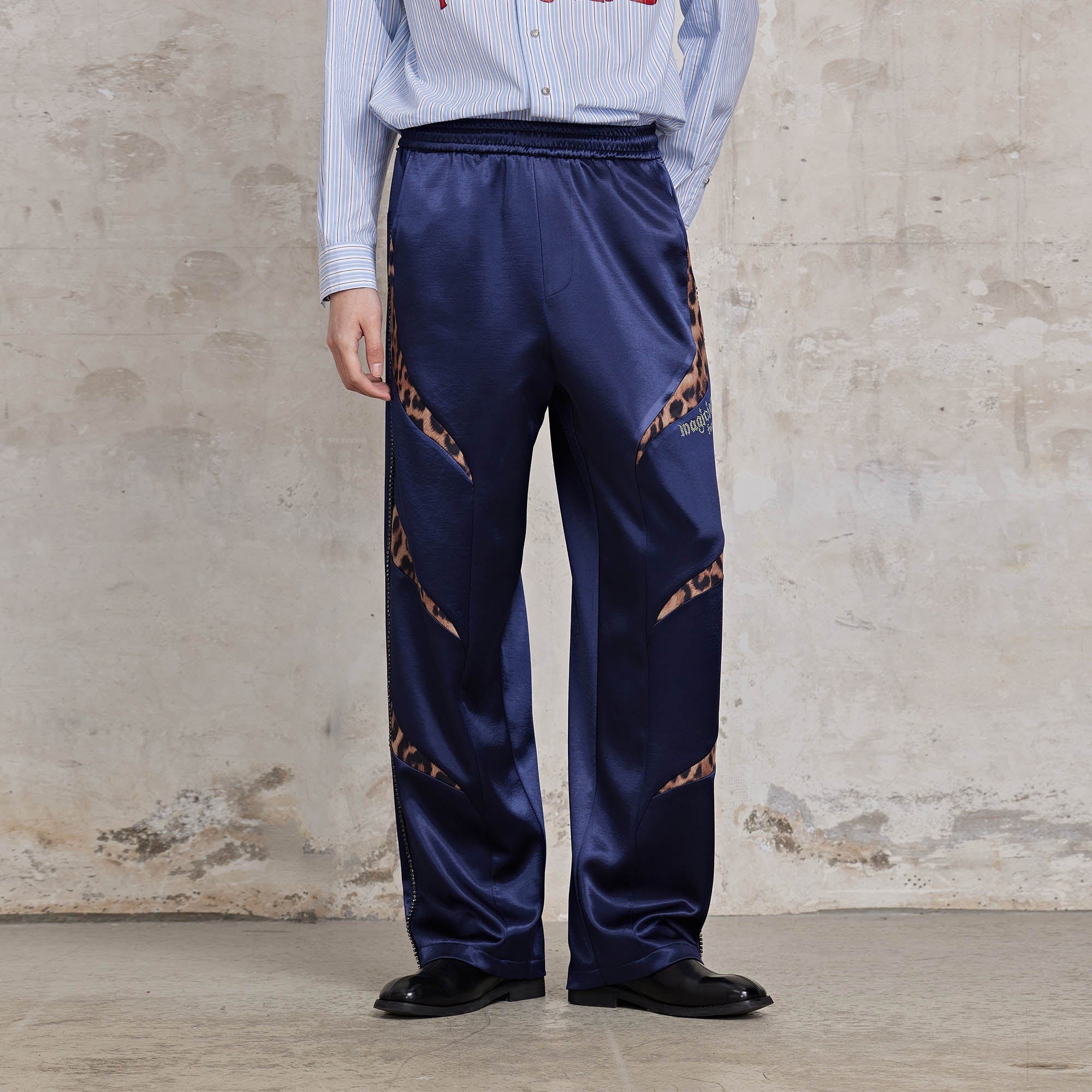 FACEONLAB Diamond Leopard-Spliced Satin Pants, premium urban and streetwear designers apparel on PROJECTISR.com, FACEONLAB