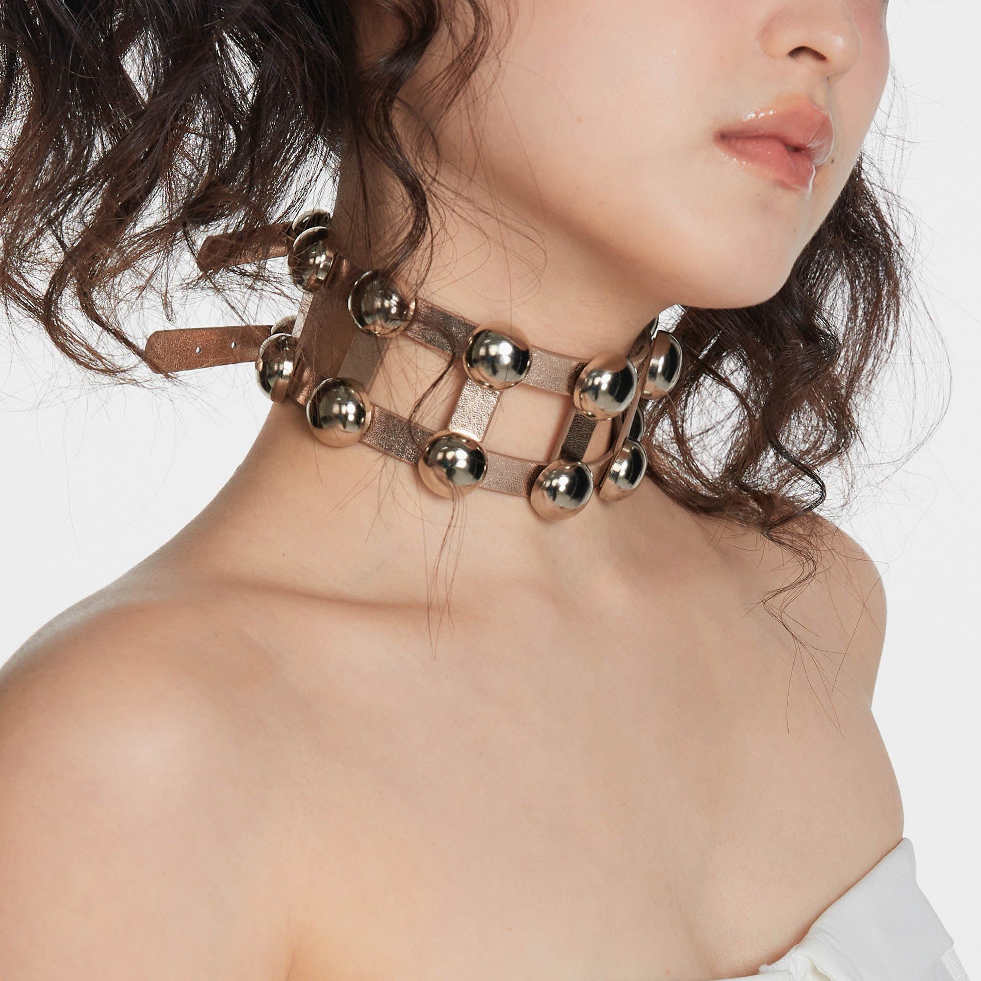 SCHWARZGOLD Metallic Beaded Double-Strap Choker, premium urban and streetwear designers apparel on PROJECTISR.com, SCHWARZGOLD