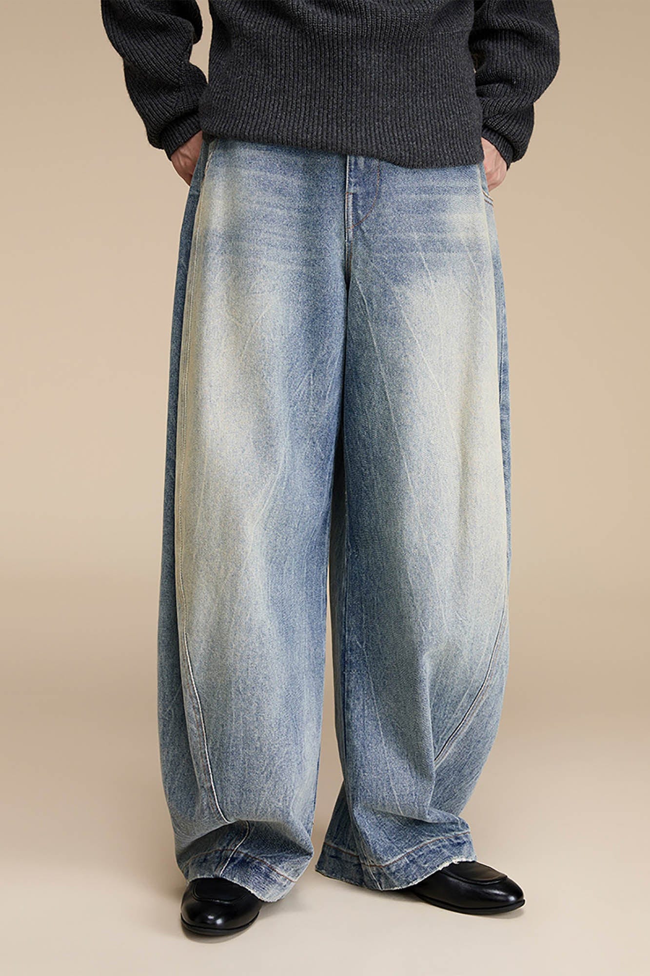OPICLOTH Distressed Spliced Barrel-Leg Jeans, premium urban and streetwear designers apparel on PROJECTISR.com, OPICLOTH
