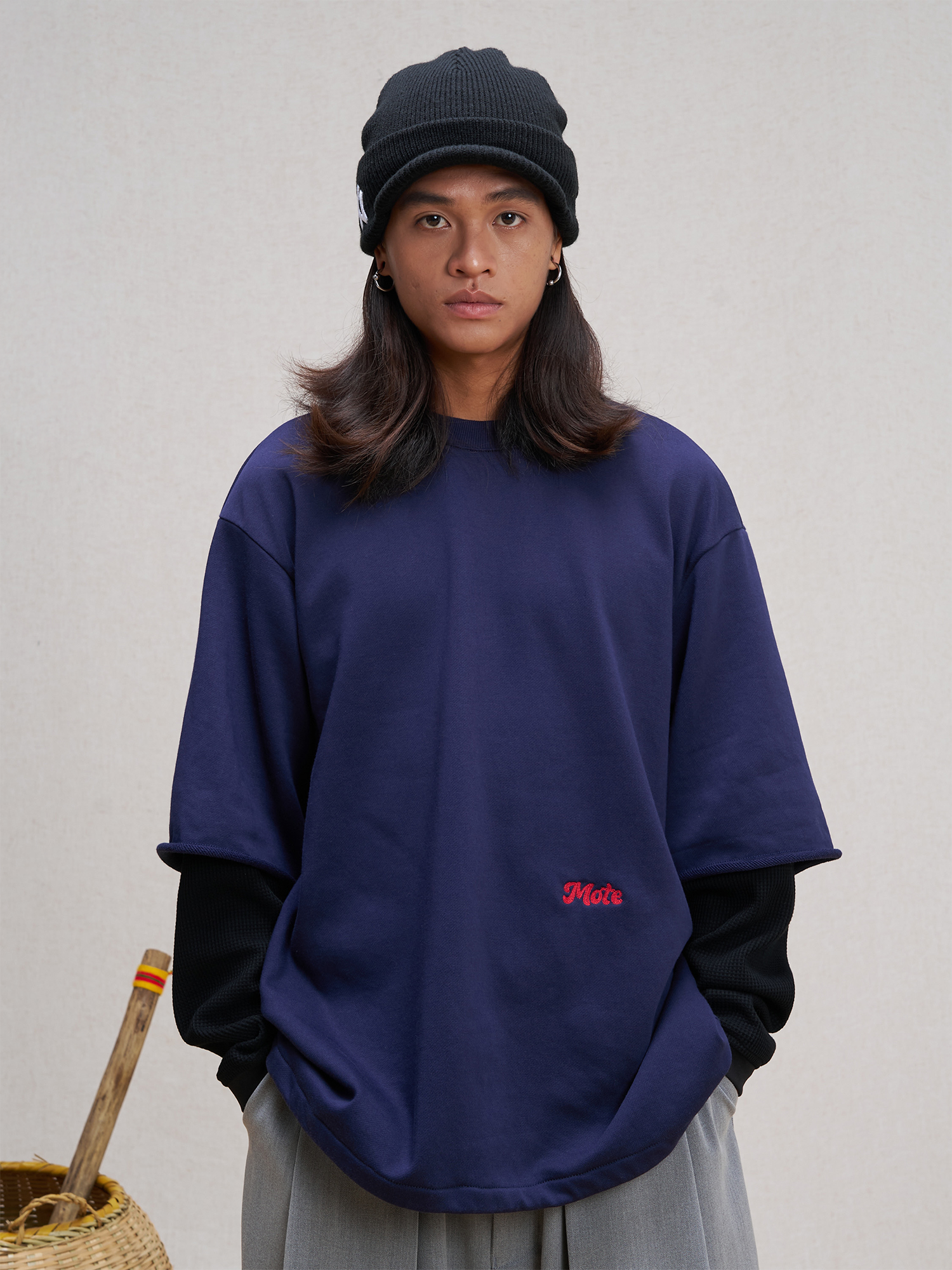 UNLIMITED MOTE Waffle Sleeve Layered Drawstring Hem Sweatshirt