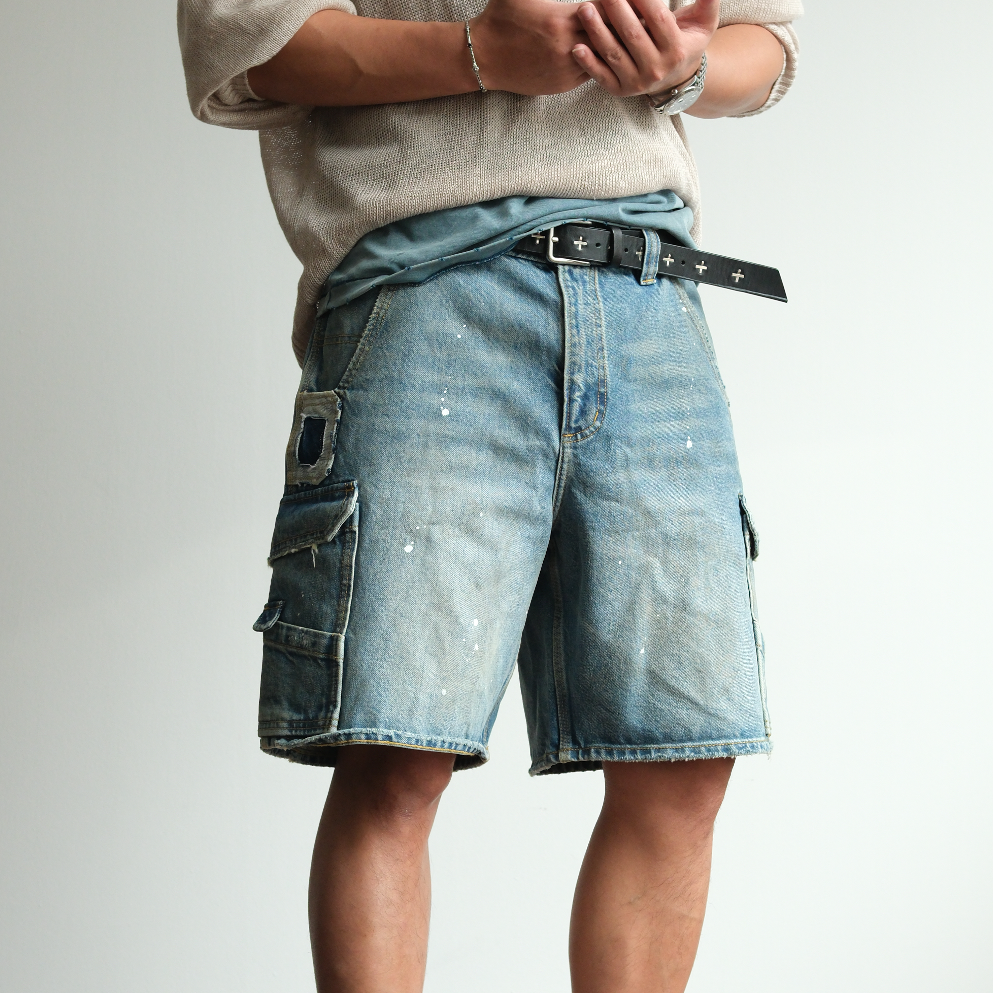 NEIGBORL Retro Washed Paint-Splattered Multi-Pocket Denim Shorts