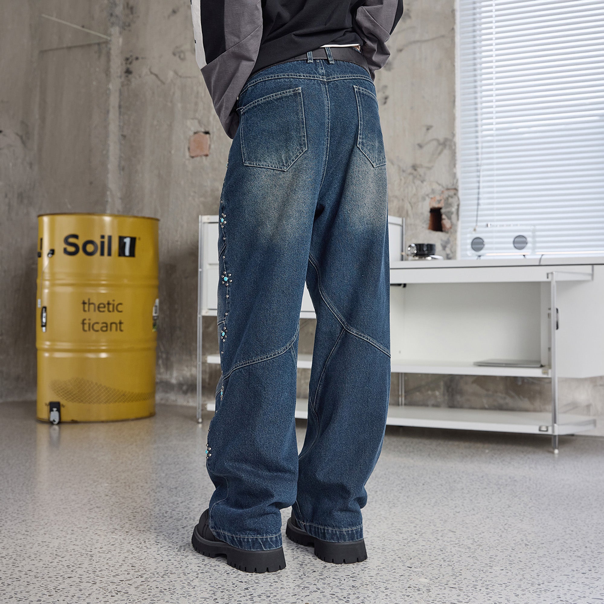 ERROR CODE ROBOT Turquoise Studded Paneled Jeans, premium urban and streetwear designers apparel on PROJECTISR.com, ERROR CODE ROBOT