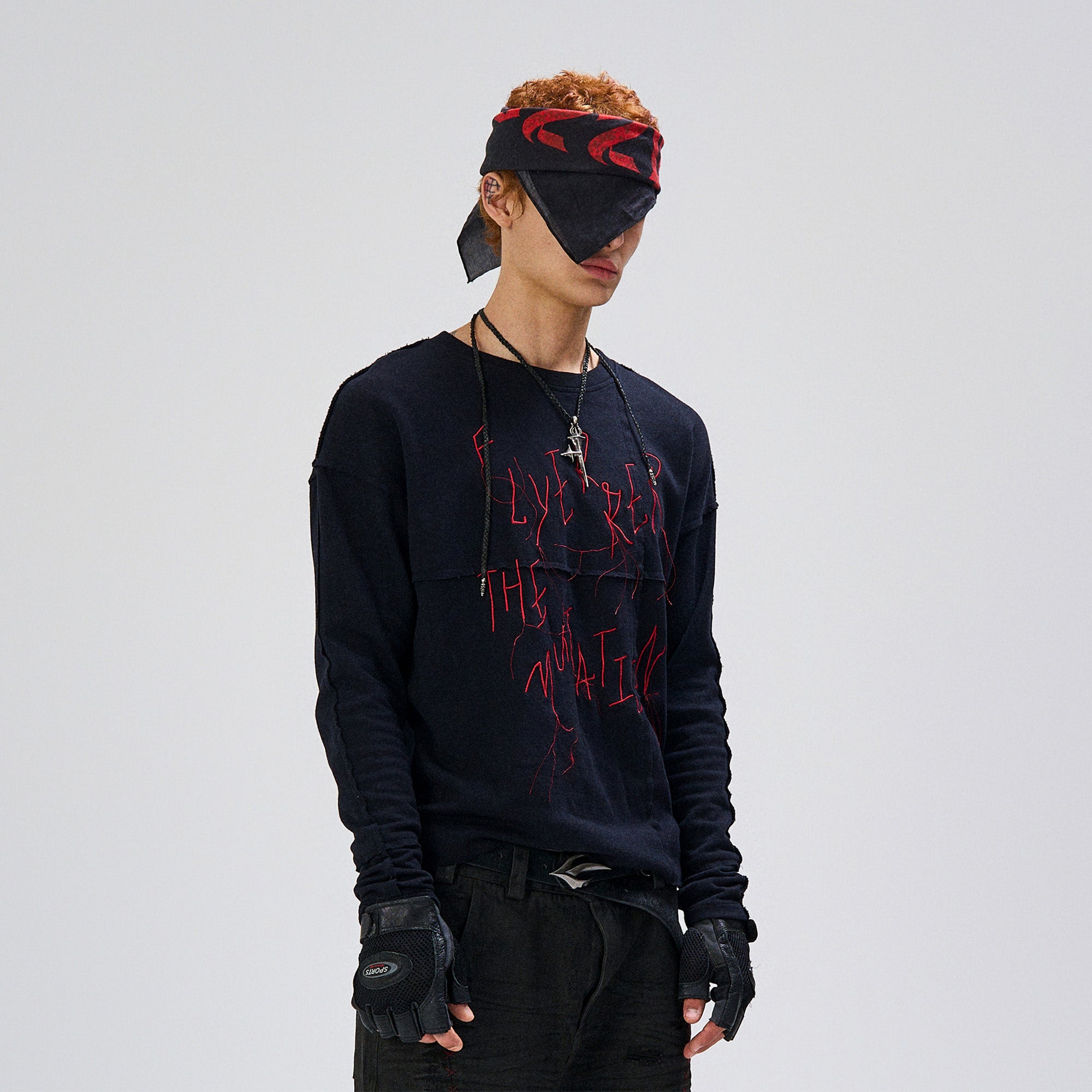 FLYERRER Cross-Panel Contrast Frayed Embroidered Long-Sleeve Tee, premium urban and streetwear designers apparel on PROJECTISR.com, FLYERRER