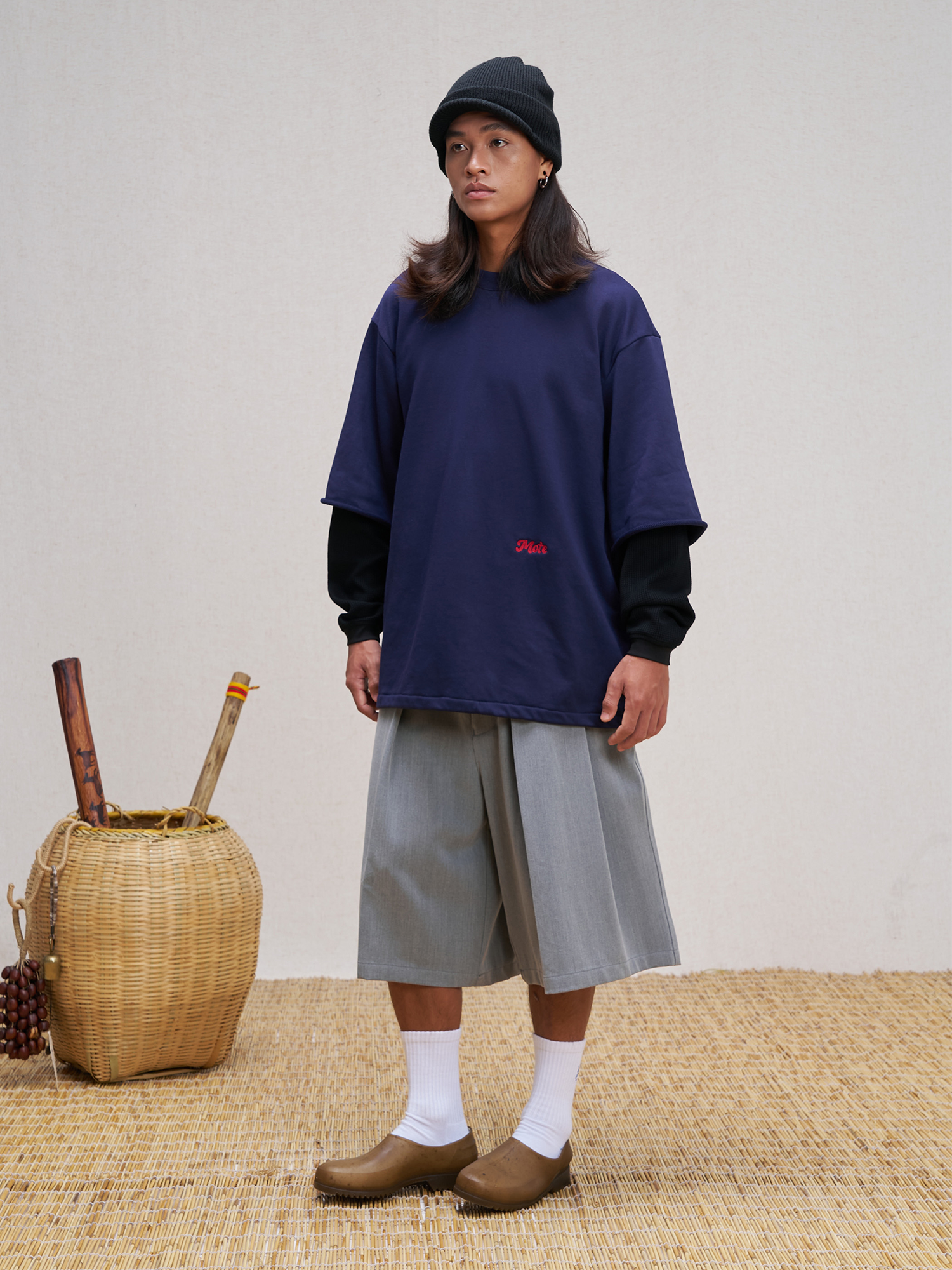 UNLIMITED MOTE Waffle Sleeve Layered Drawstring Hem Sweatshirt