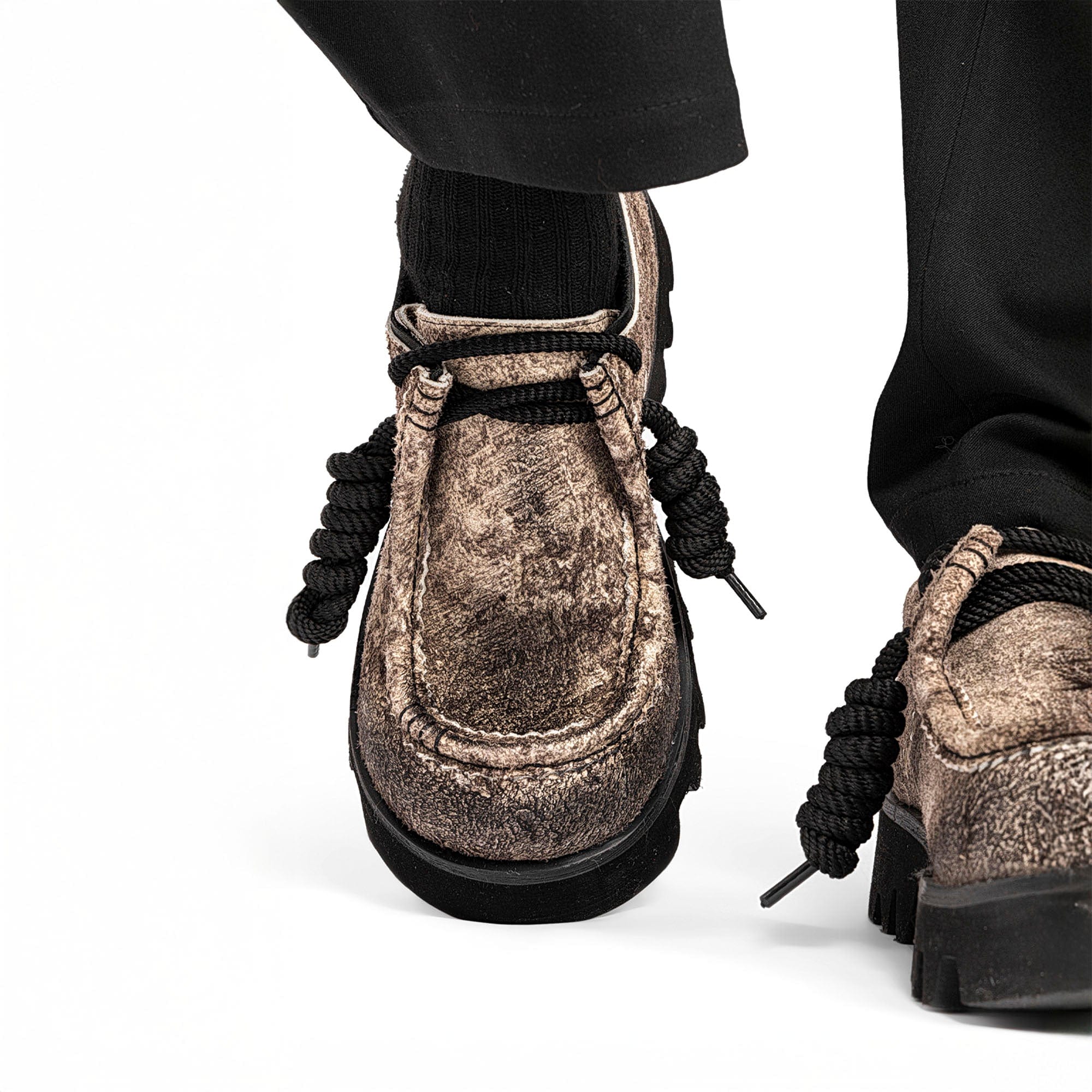 REWRITE Distressed Texture Cowhide Rope-Tied Chunky Big-Toe Derbies, premium urban and streetwear designers apparel on PROJECTISR.com, REWRITE