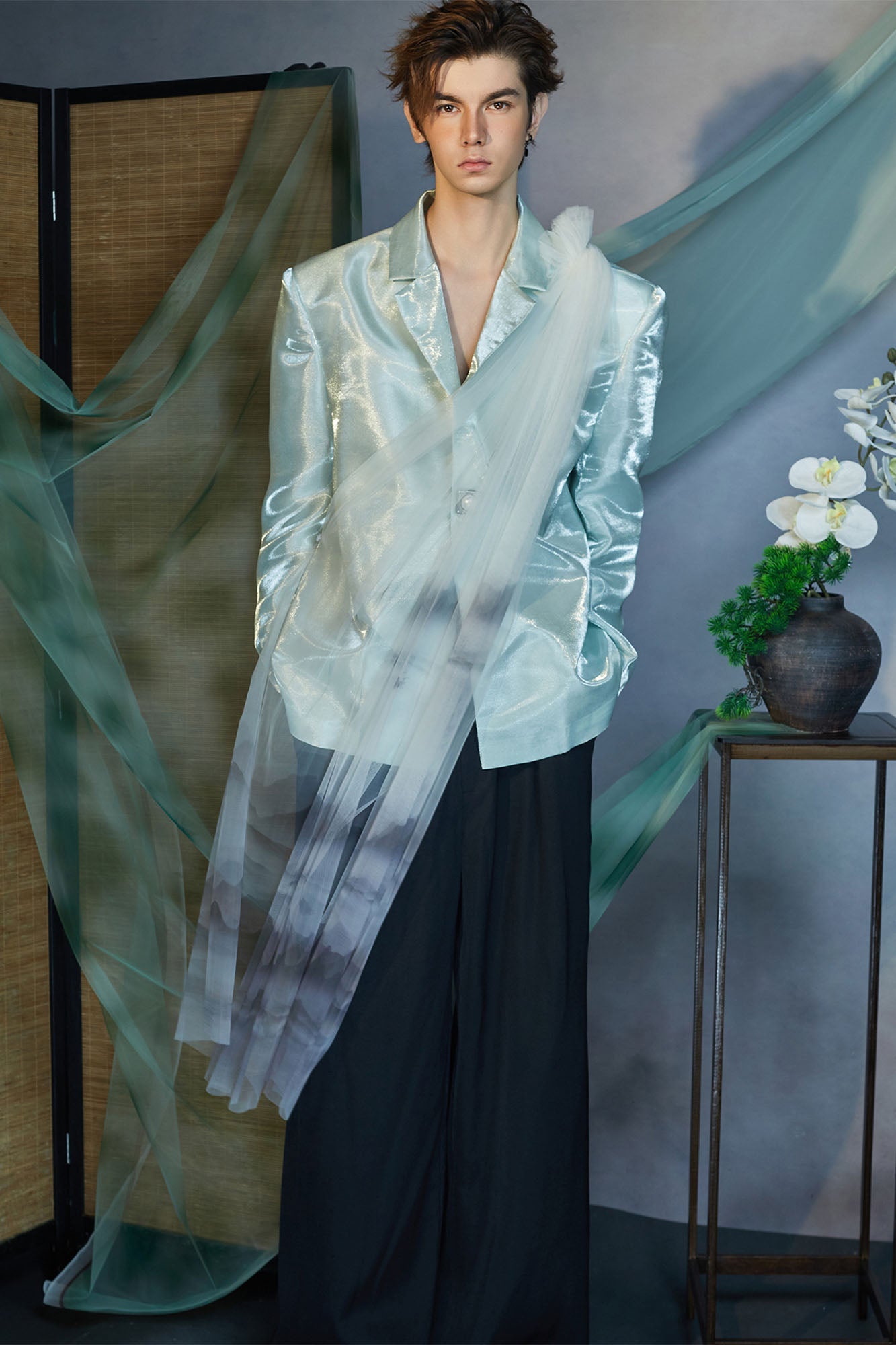 JIECHI Gradient Tulle Drape Satin Blazer, premium urban and streetwear designers apparel on PROJECTISR.com, JIECHI