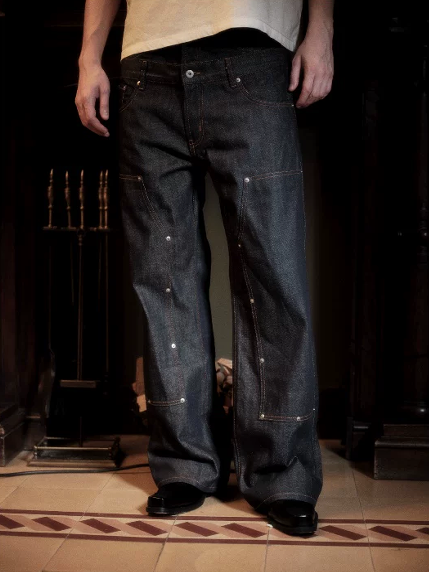 WANNA LAB Studded Double-Waistband Raw Denim Jeans