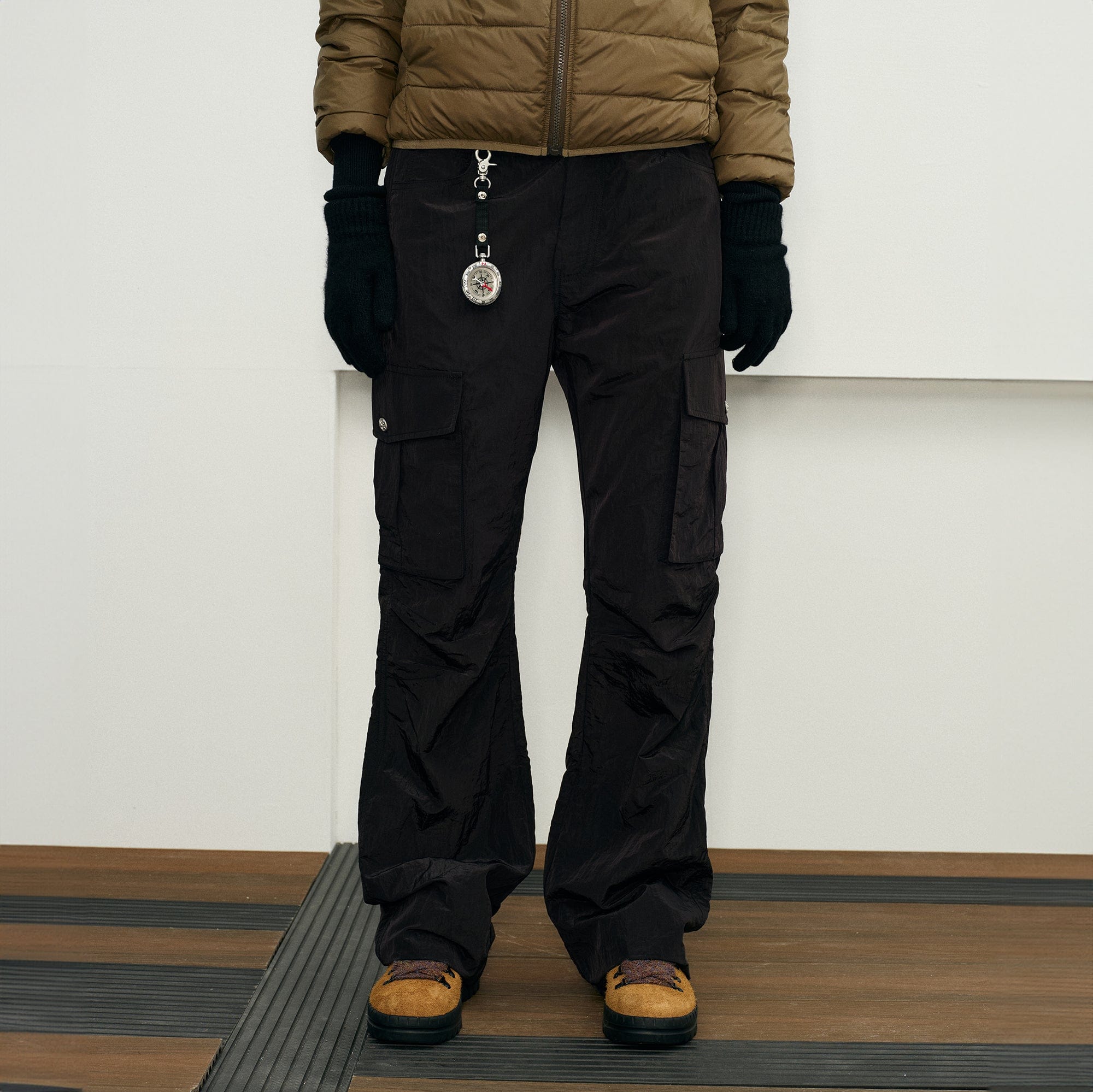 KREATE Liquid Metal Crinkled Flared Cargo, premium urban and streetwear designers apparel on PROJECTISR.com, KREATE