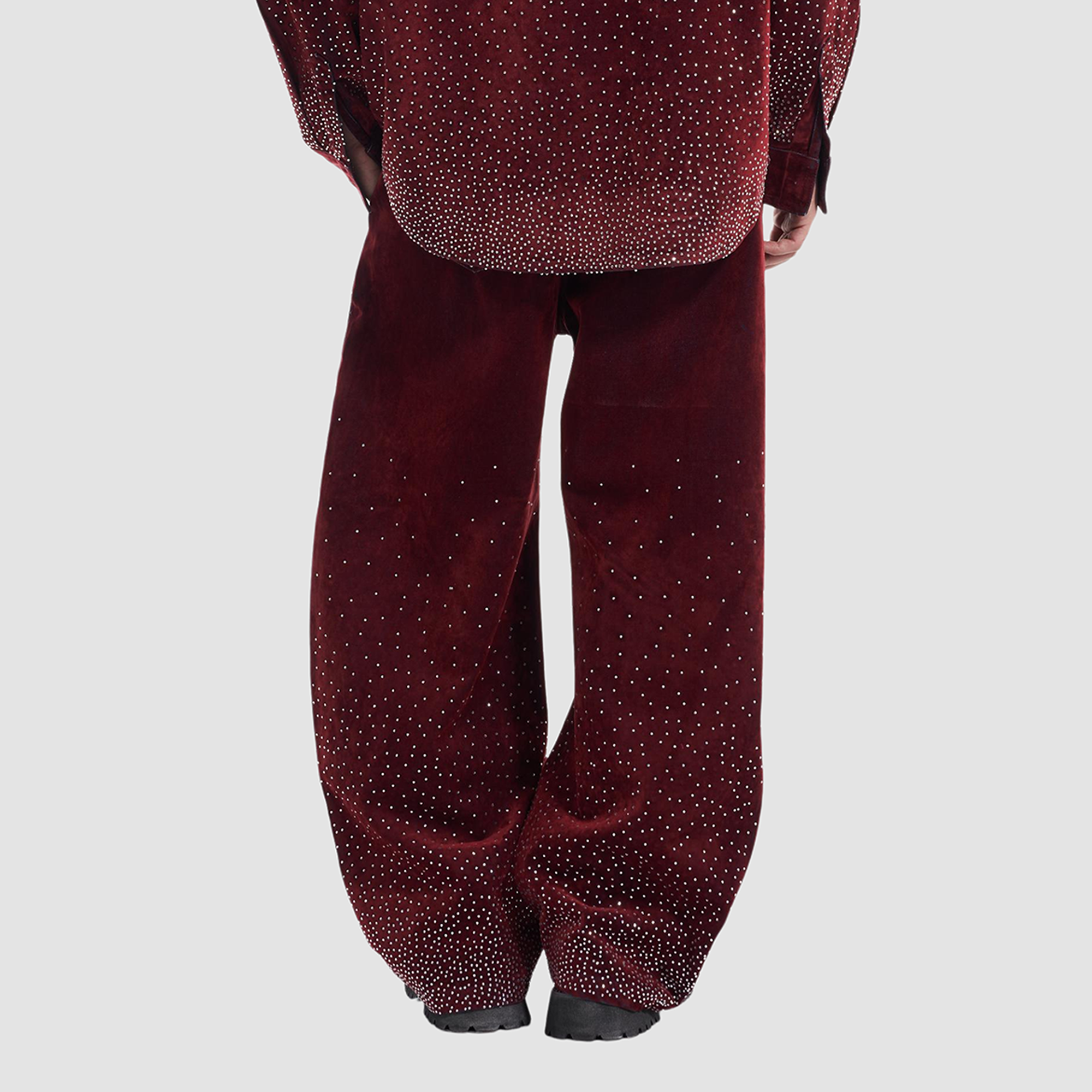 VANN VALRENCE Diamond-Studded Velvet Barrel Leg Trousers