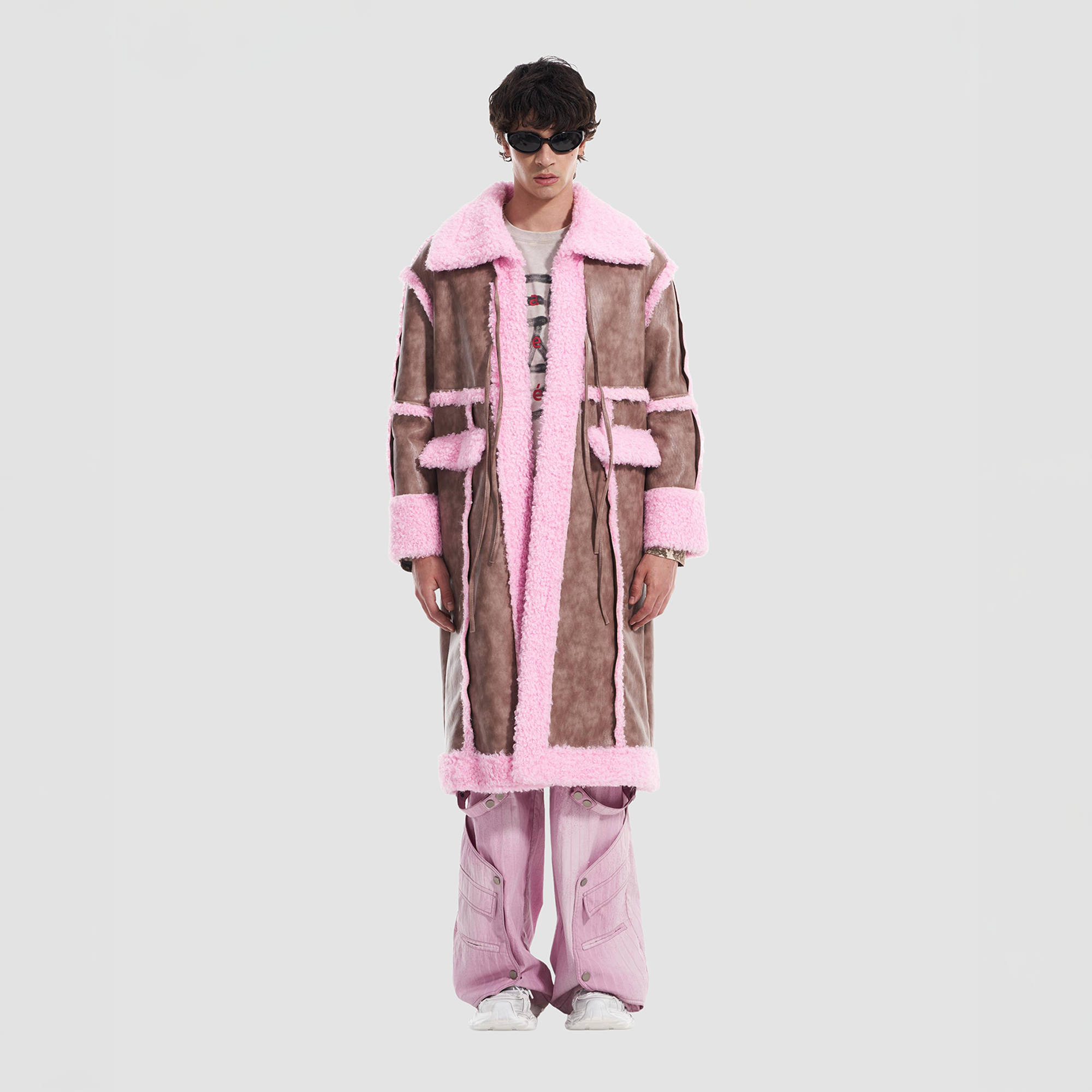 VANN VALRENCE Shearling-Trim Panel PU Long Coat